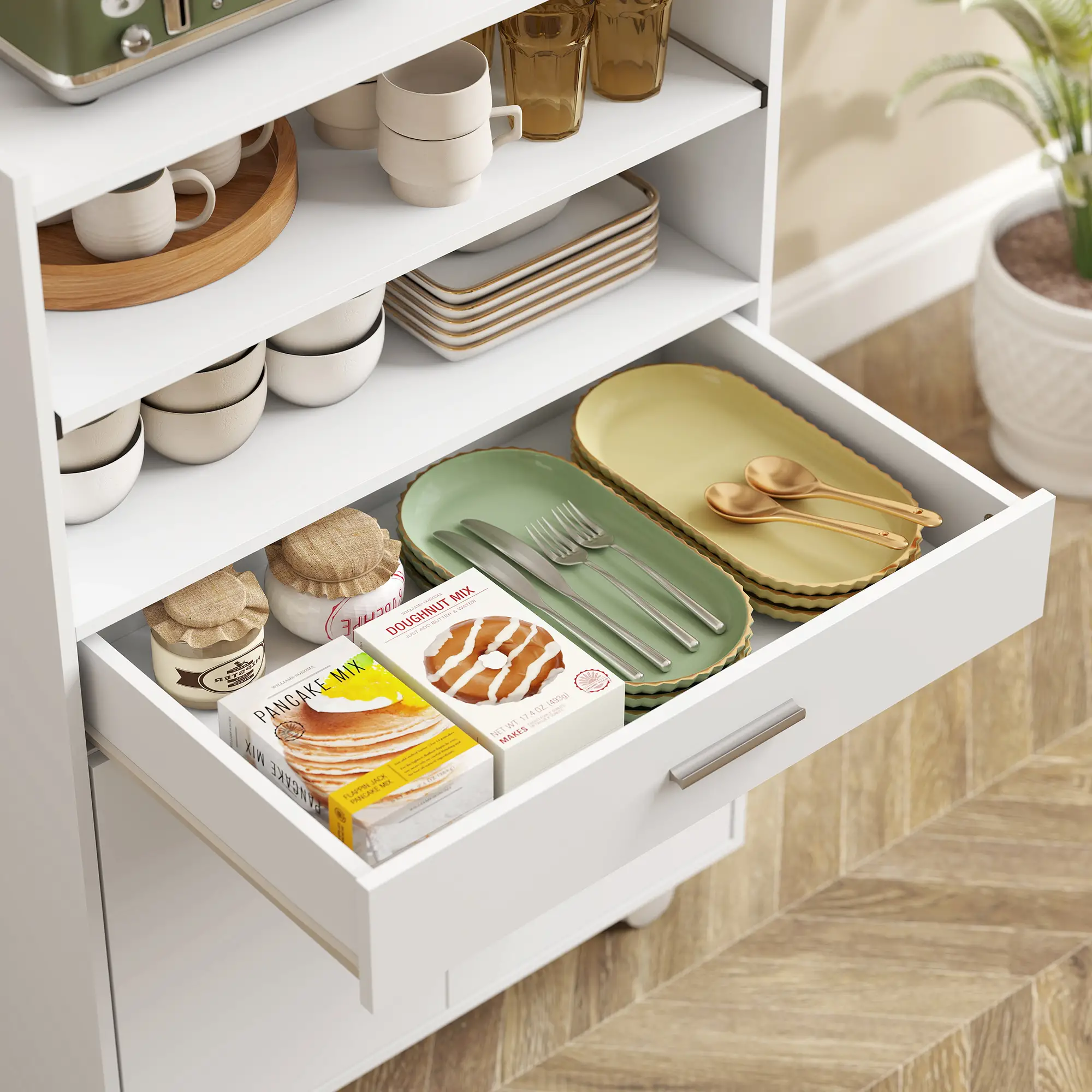 Microwave Cart with Wheels, Storage Cabinet, White - Image 10