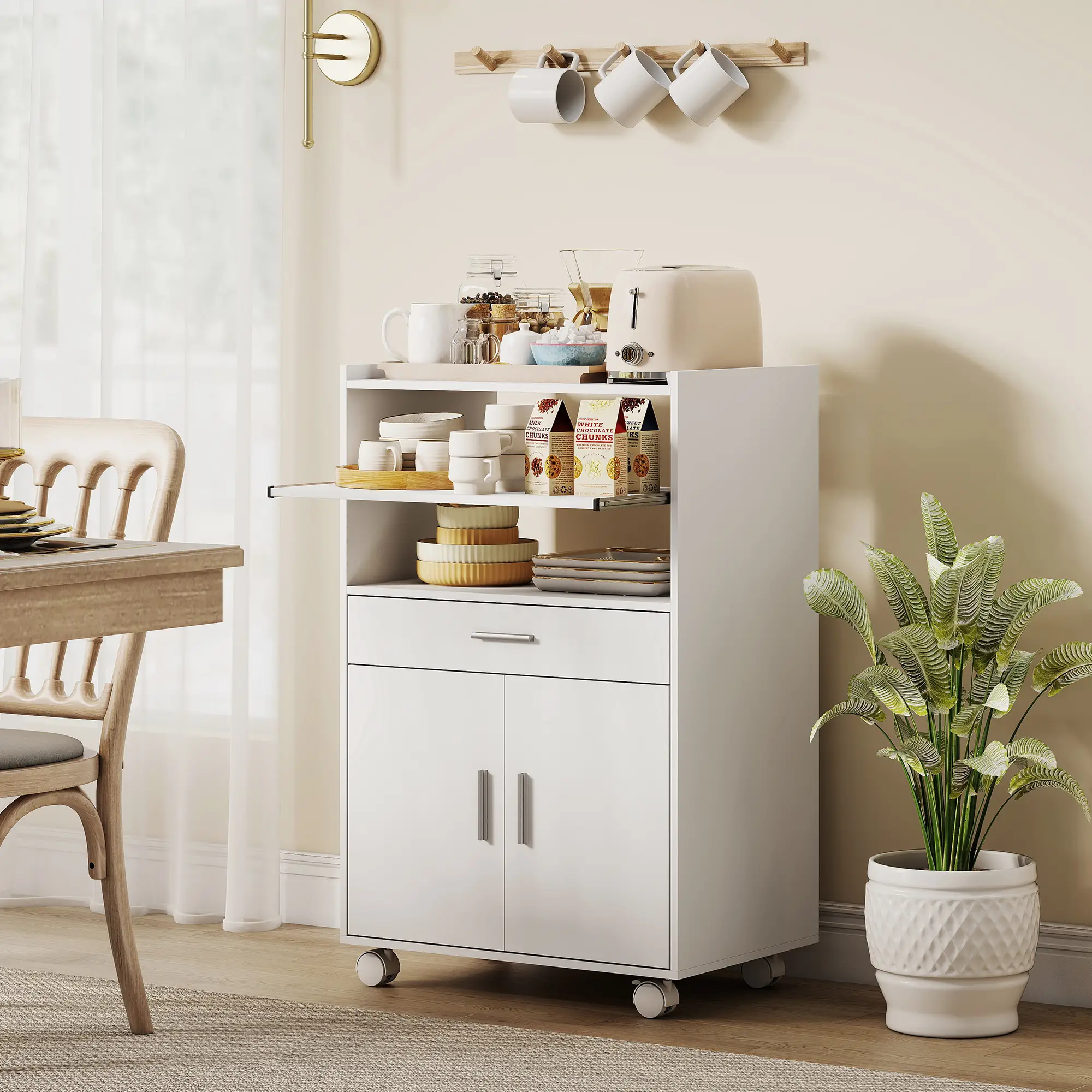 Microwave Cart with Wheels, Storage Cabinet, White - Image 2