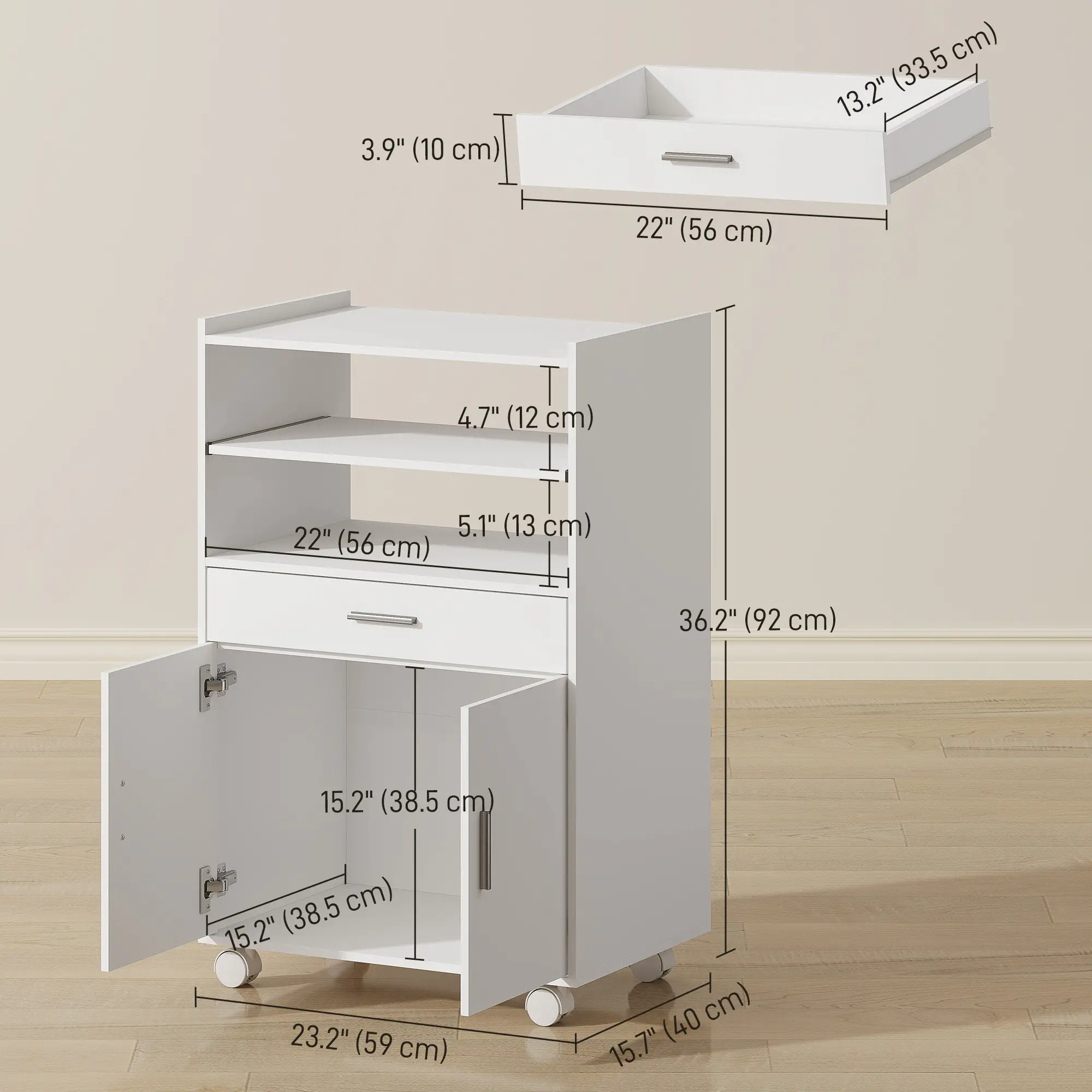 Microwave Cart with Wheels, Storage Cabinet, White - Image 3