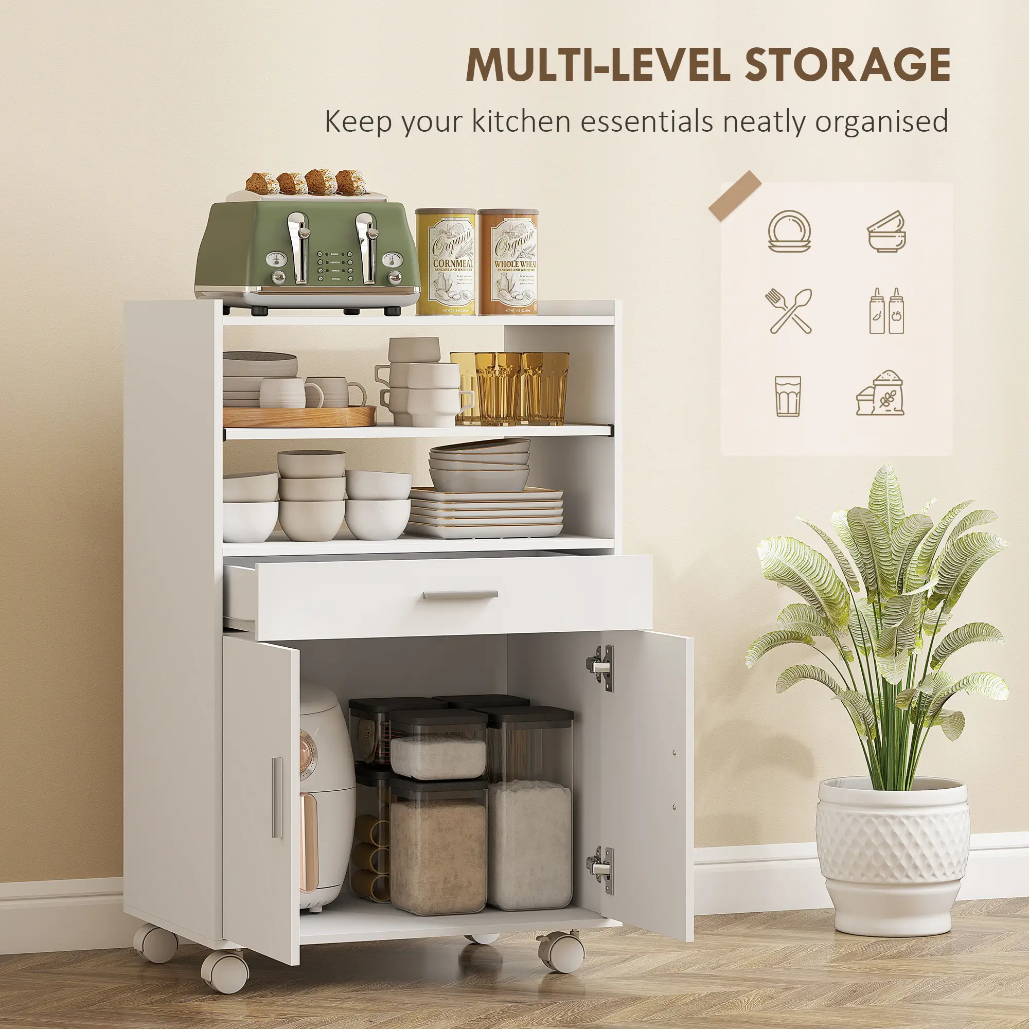 Microwave Cart with Wheels, Storage Cabinet, White - Image 4