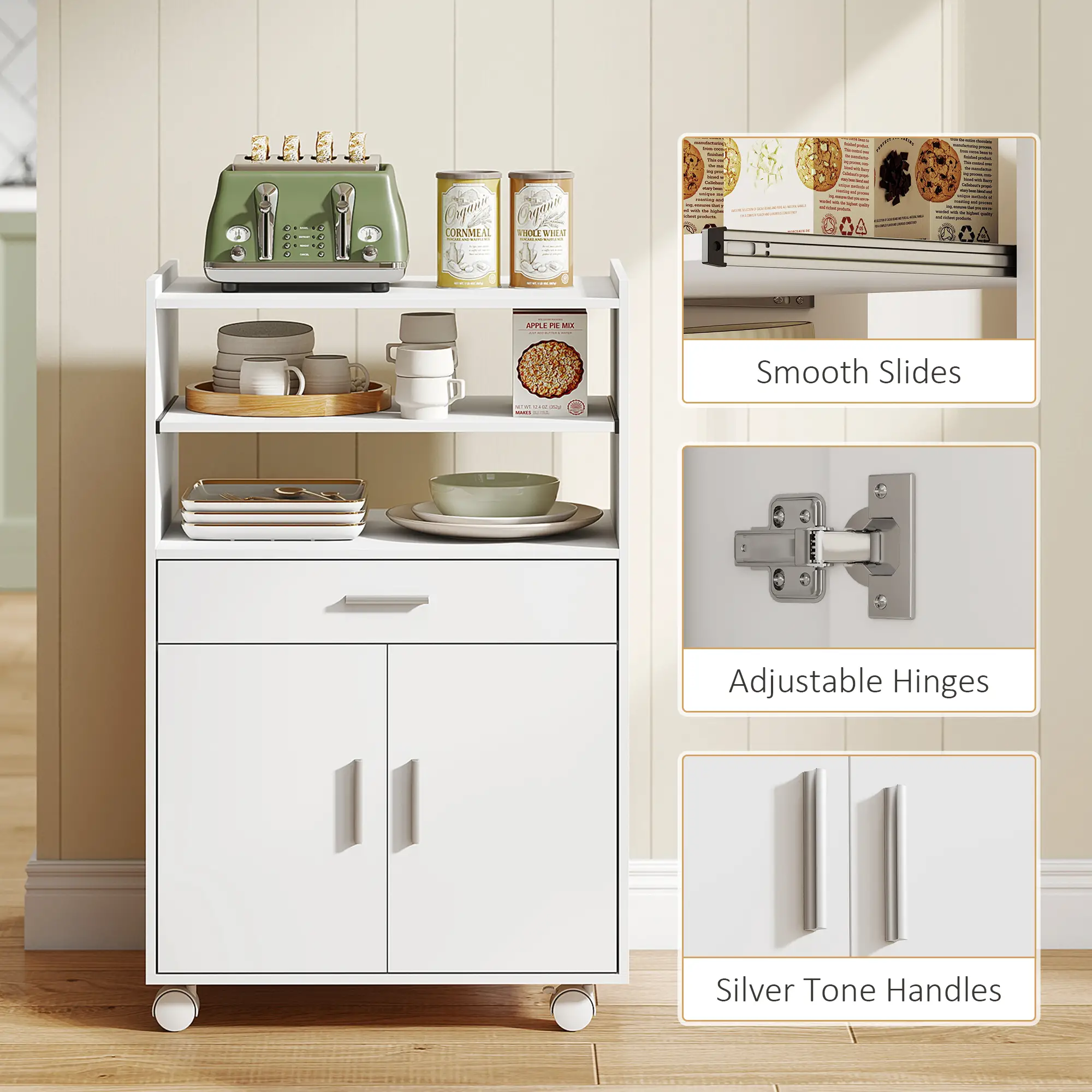 Microwave Cart with Wheels, Storage Cabinet, White - Image 7