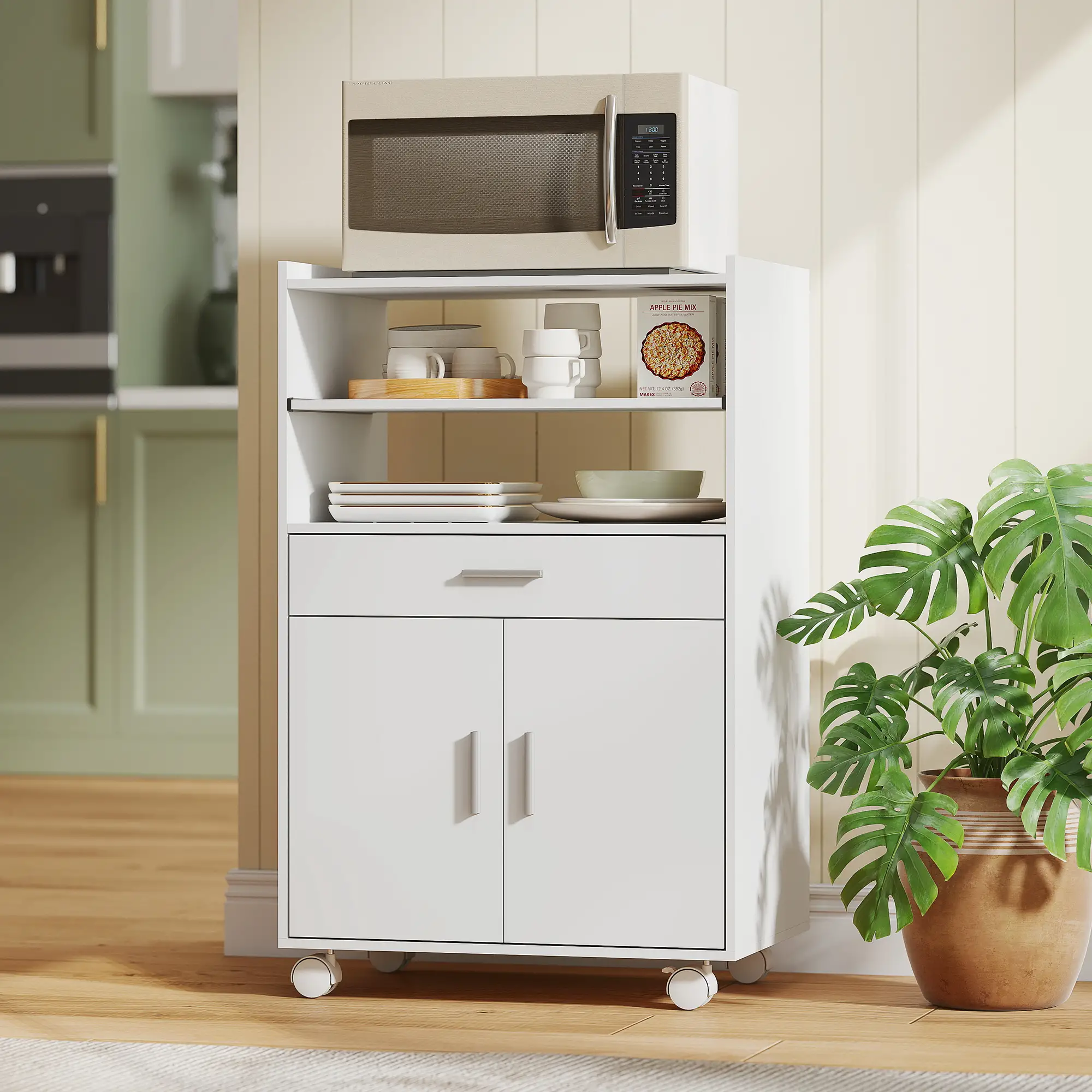 Microwave Cart with Wheels, Storage Cabinet, White - Image 8