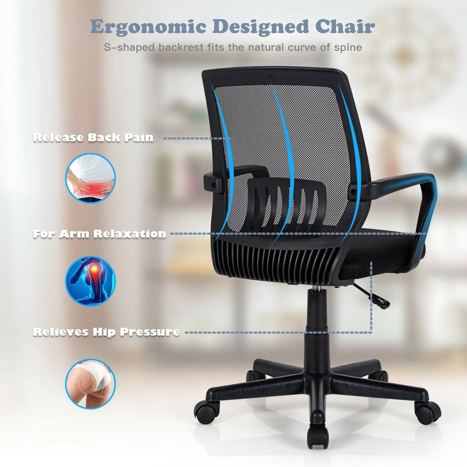 Mid-Back Mesh Executive Chair, Height Adjustable, Lumbar Support, Black - Image 6
