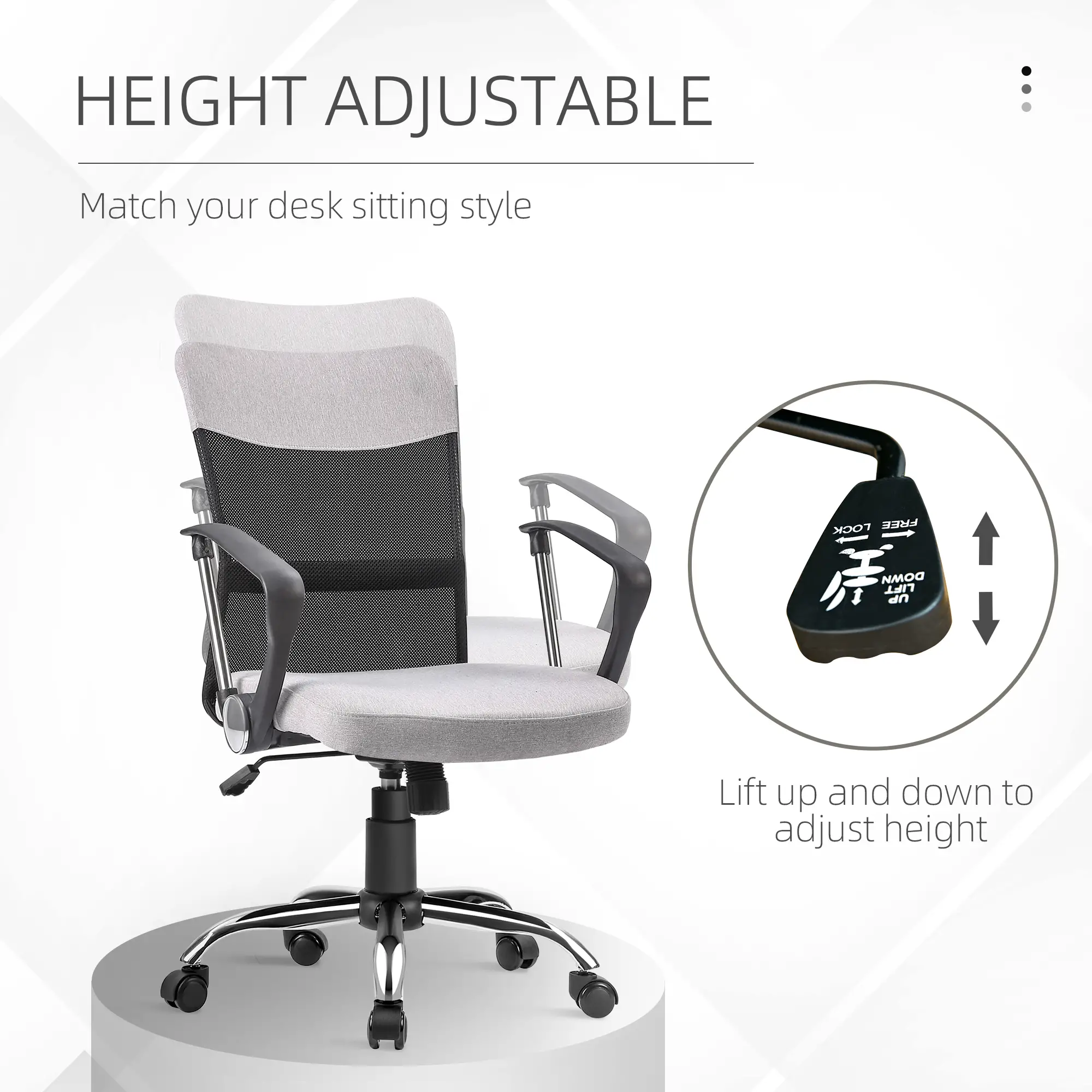 Mid Back Office Chair, Linen Mesh Desk Chair, Adjustable Height, Grey - Image 4