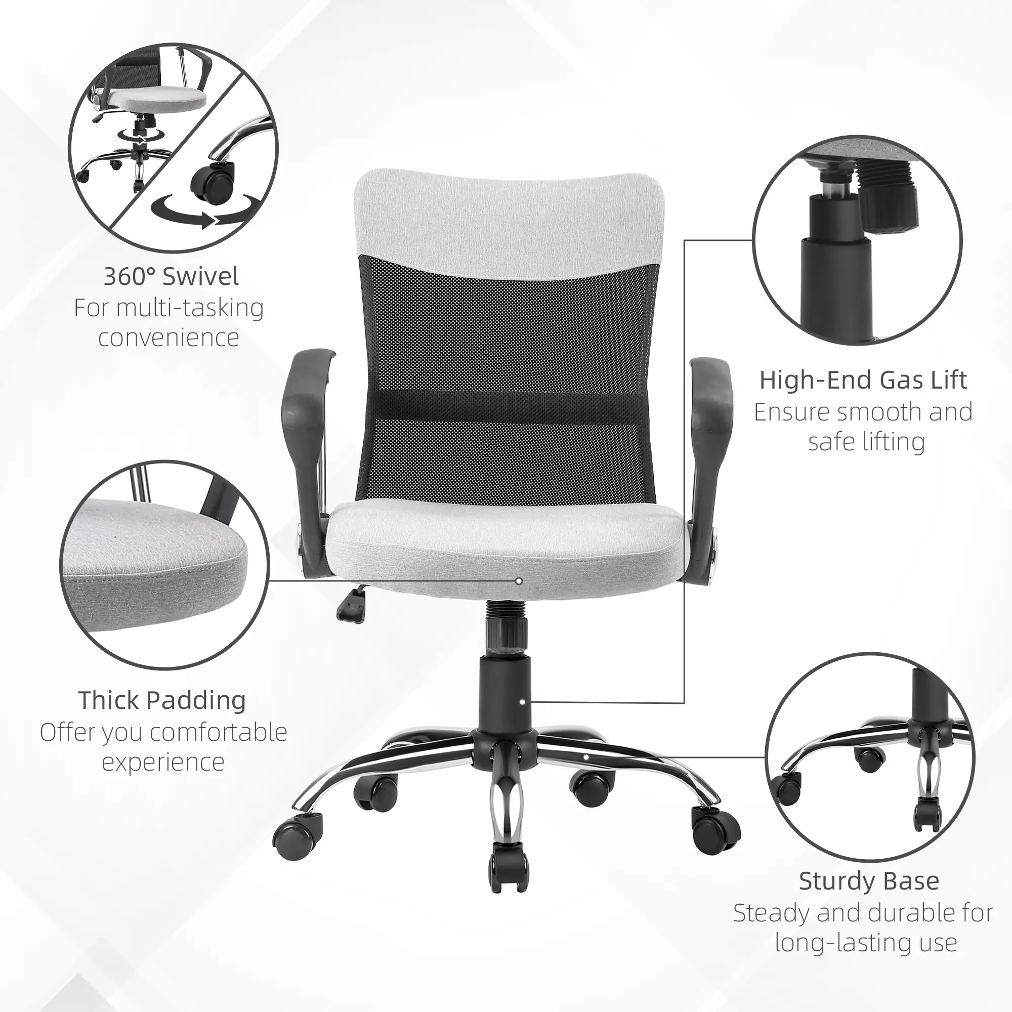 Mid Back Office Chair, Linen Mesh Desk Chair, Adjustable Height, Grey - Image 6