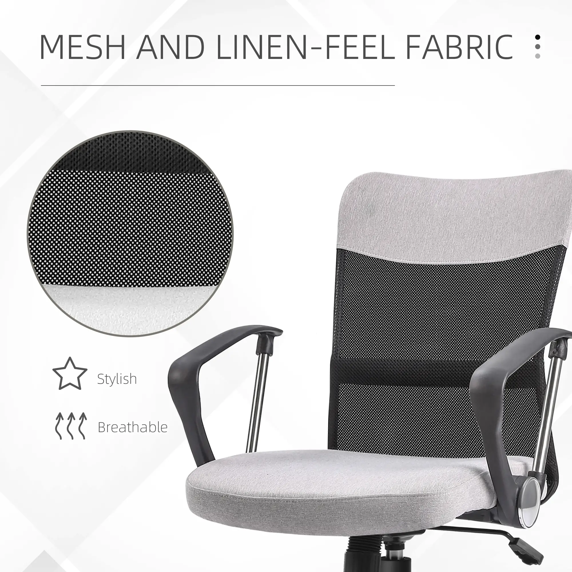 Mid Back Office Chair, Linen Mesh Desk Chair, Adjustable Height, Grey - Image 7