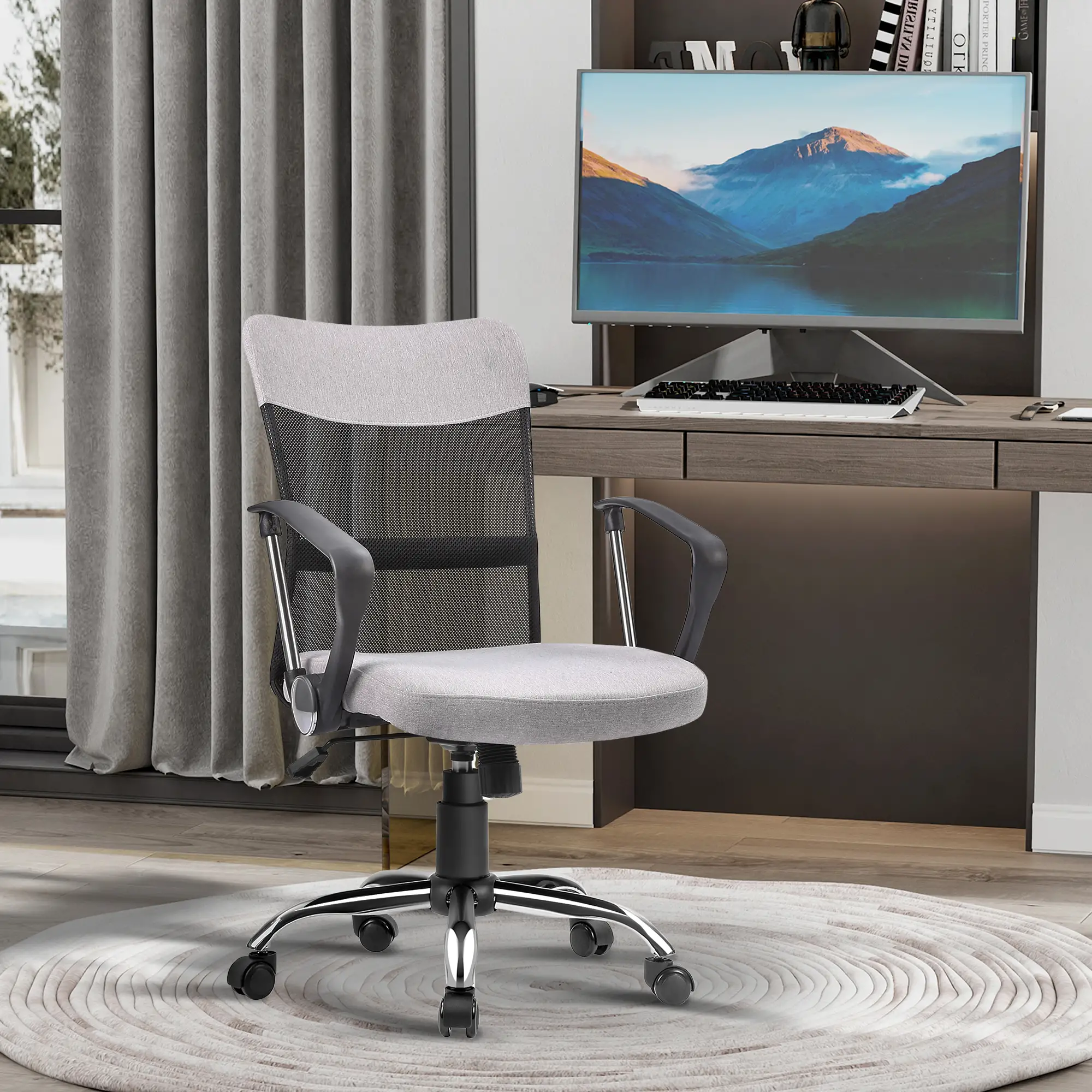 Mid Back Office Chair, Linen Mesh Desk Chair, Adjustable Height, Grey - Image 8