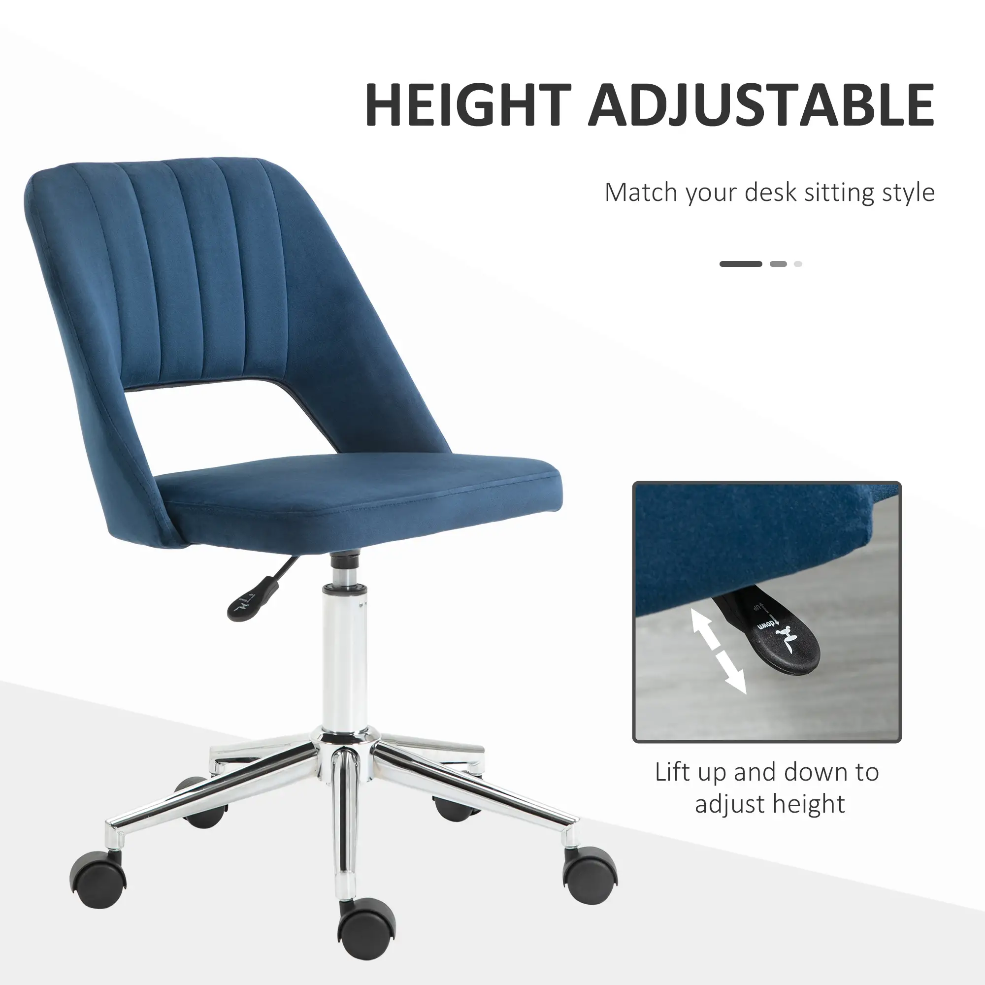 Mid Back Office Chair, Velvet Fabric, Swivel, Scallop Shape, Blue - Image 4