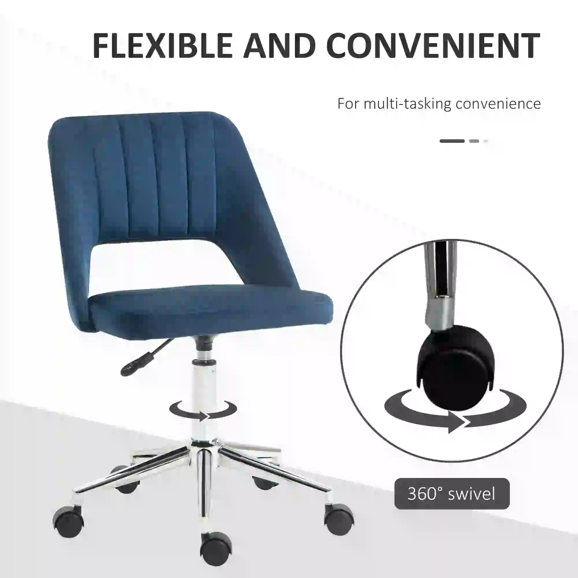 Mid Back Office Chair, Velvet Fabric, Swivel, Scallop Shape, Blue - Image 6