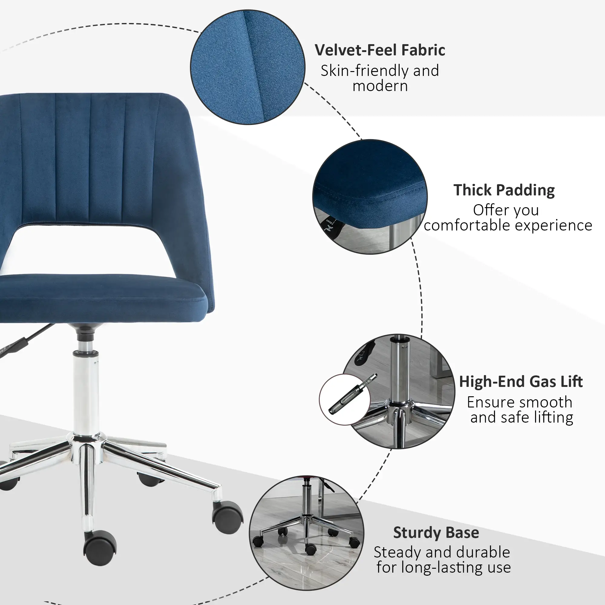 Mid Back Office Chair, Velvet Fabric, Swivel, Scallop Shape, Blue - Image 7