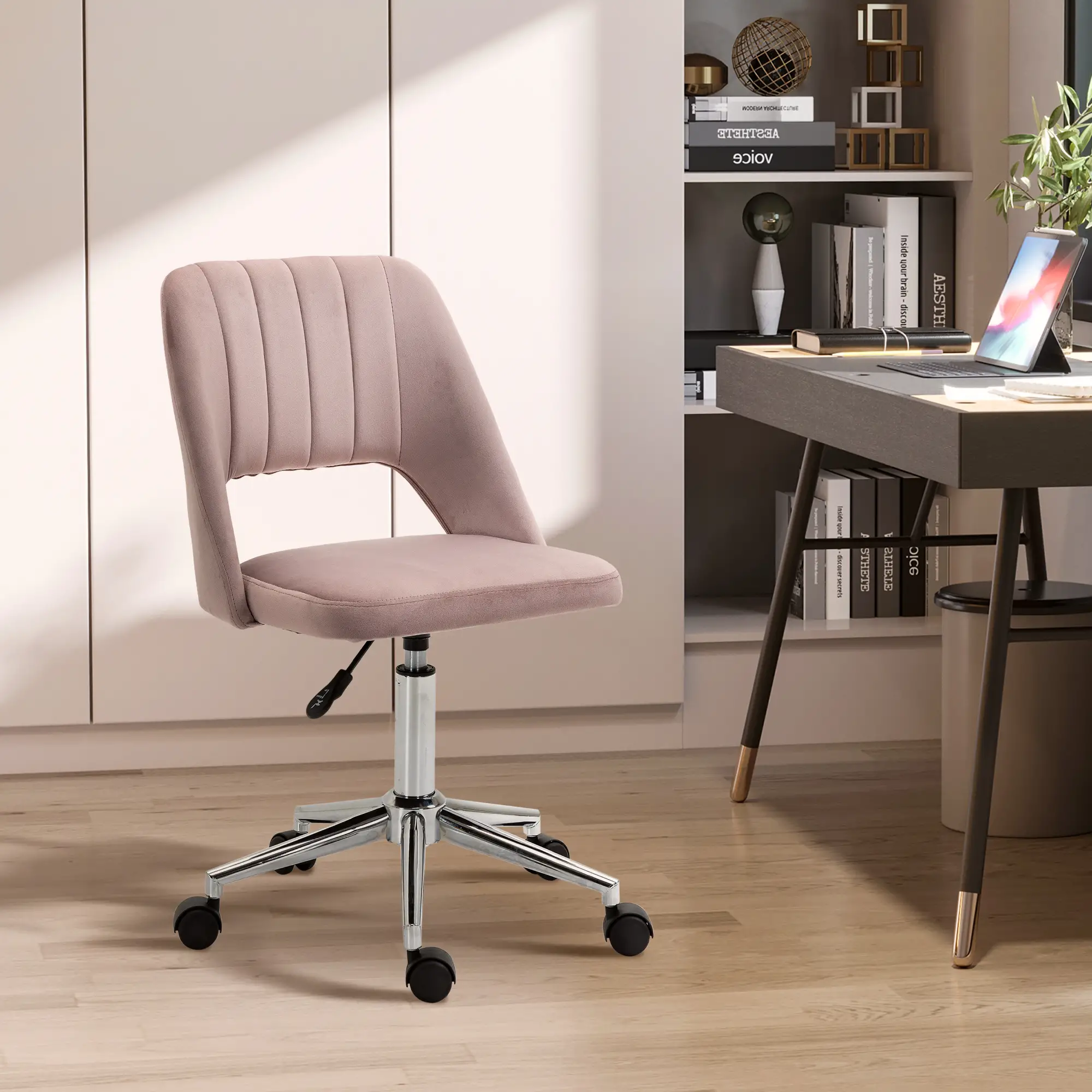 Mid Back Office Chair, Velvet Fabric, Swivel, Scallop Shape, Pink - Image 2