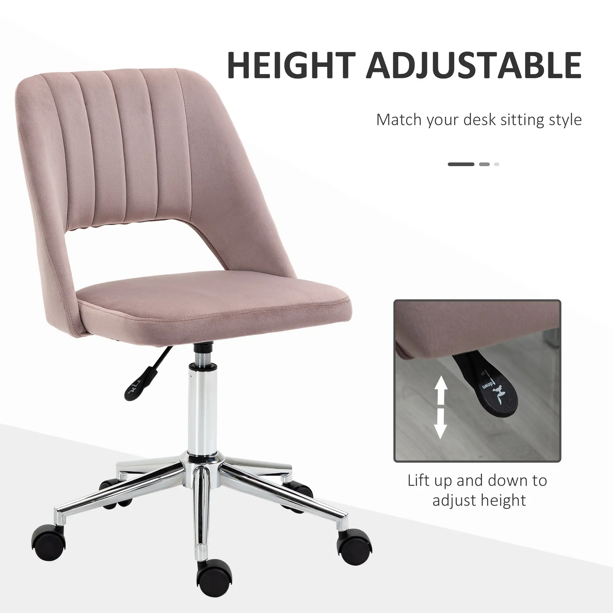 Mid Back Office Chair, Velvet Fabric, Swivel, Scallop Shape, Pink - Image 4