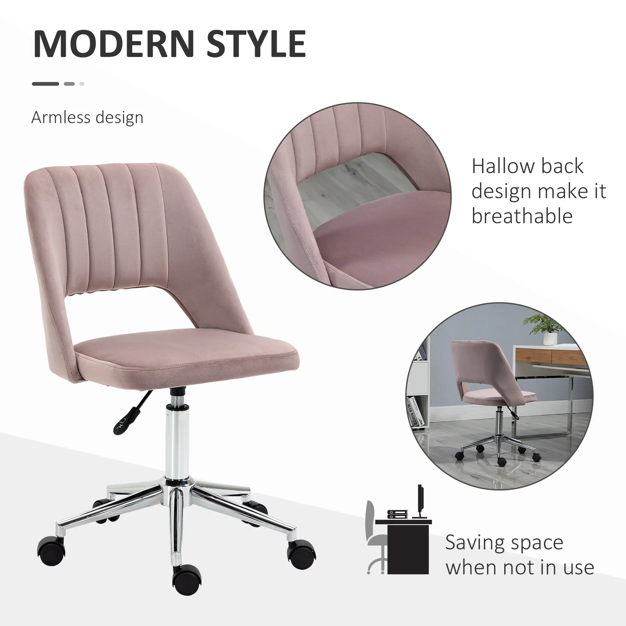 Mid Back Office Chair, Velvet Fabric, Swivel, Scallop Shape, Pink - Image 5