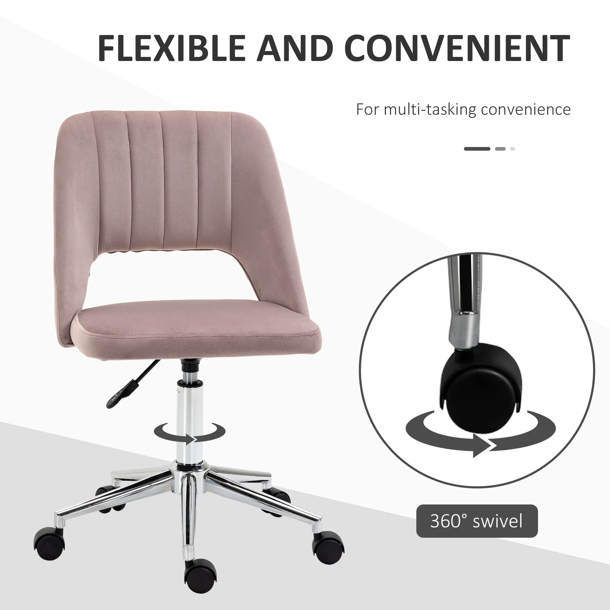 Mid Back Office Chair, Velvet Fabric, Swivel, Scallop Shape, Pink - Image 6
