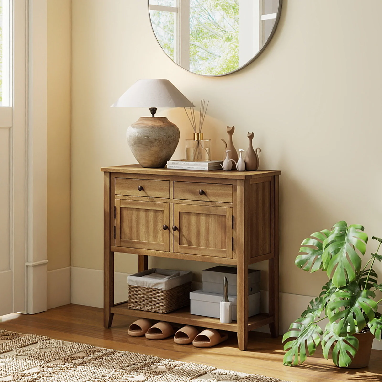 Mid-Century Console Table, Wood Coffee Bar, 2 Drawers, Walnut - Image 2