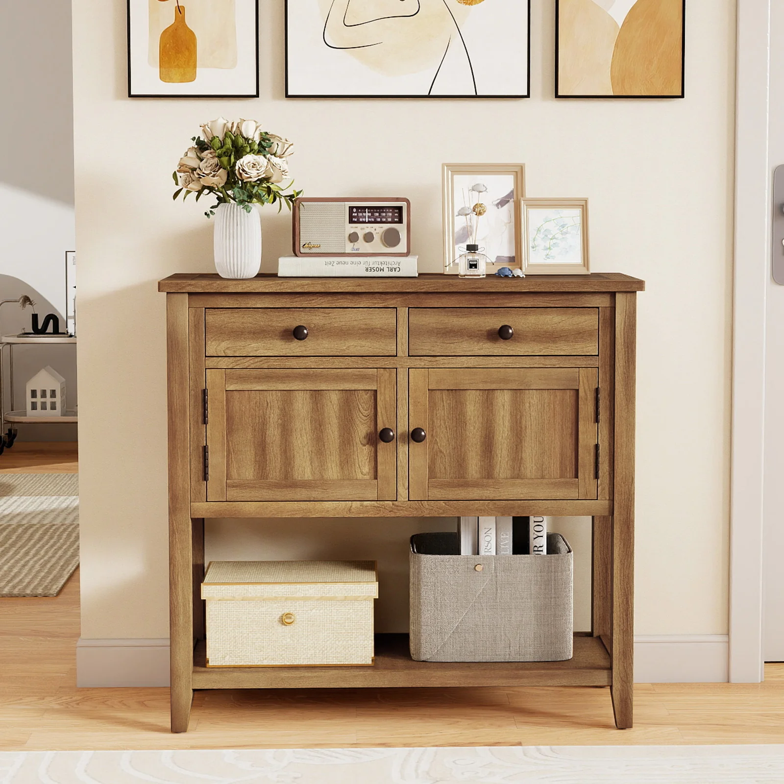 Mid-Century Console Table, Wood Coffee Bar, 2 Drawers, Walnut - Image 3