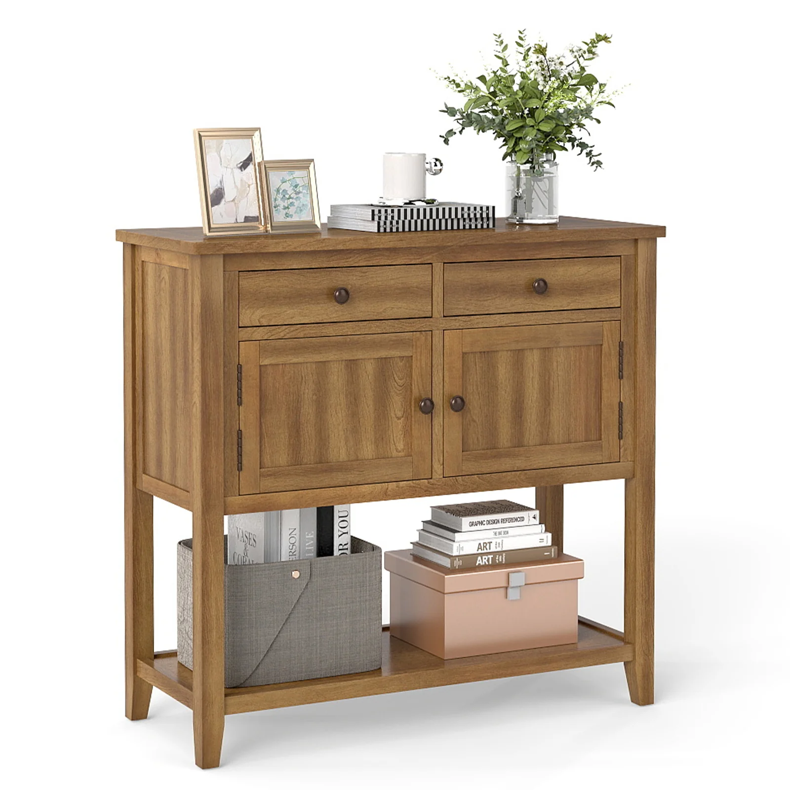 Mid-Century Console Table, Wood Coffee Bar, 2 Drawers, Walnut - Image 4
