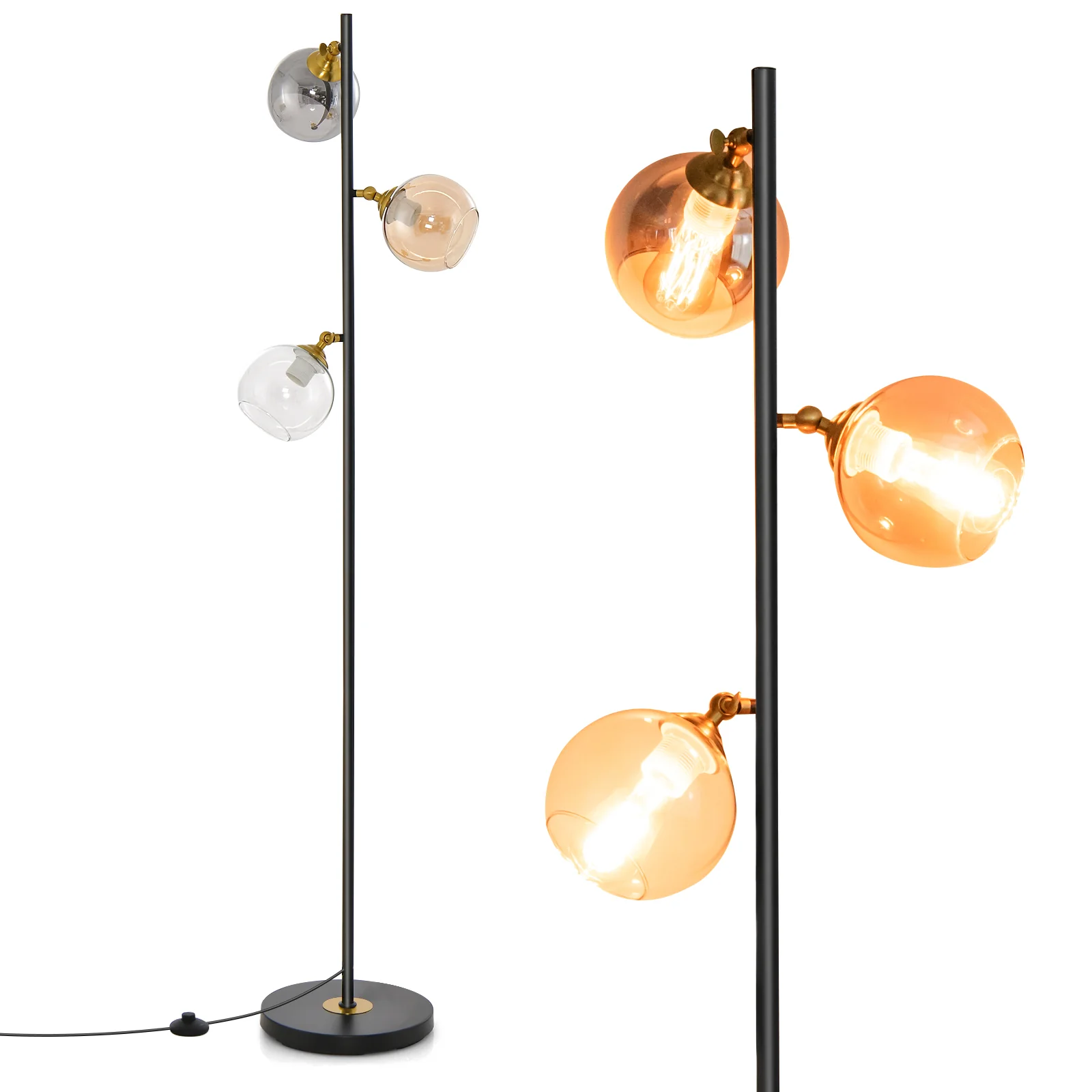 Mid Century Floor Lamp, 3 Glass Globe Shades, Weighted Base, Black