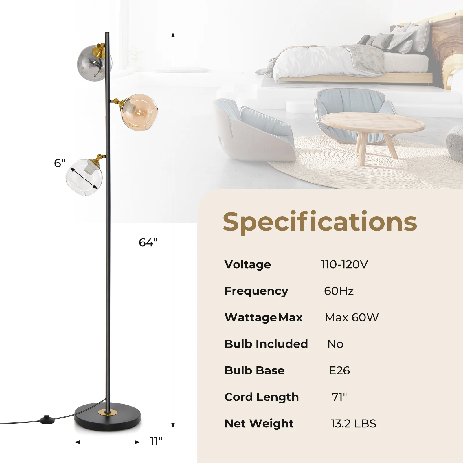 Mid Century Floor Lamp, 3 Glass Globe Shades, Weighted Base, Black - Image 5