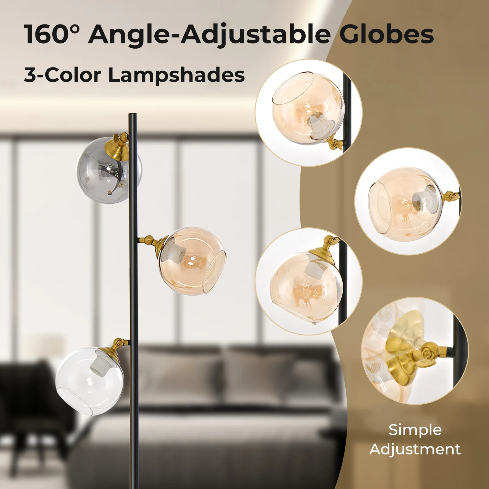 Mid Century Floor Lamp, 3 Glass Globe Shades, Weighted Base, Black - Image 7