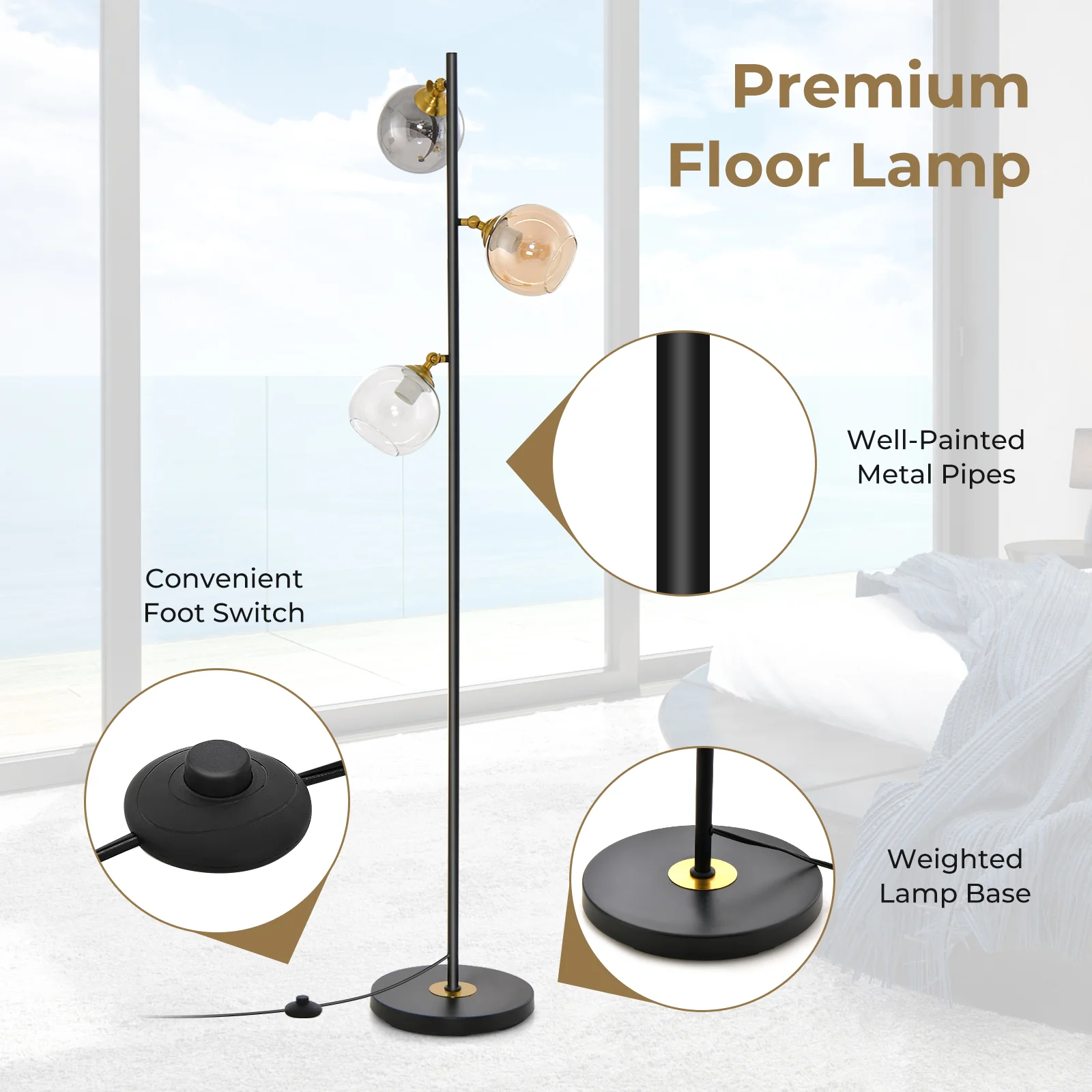 Mid Century Floor Lamp, 3 Glass Globe Shades, Weighted Base, Black - Image 9