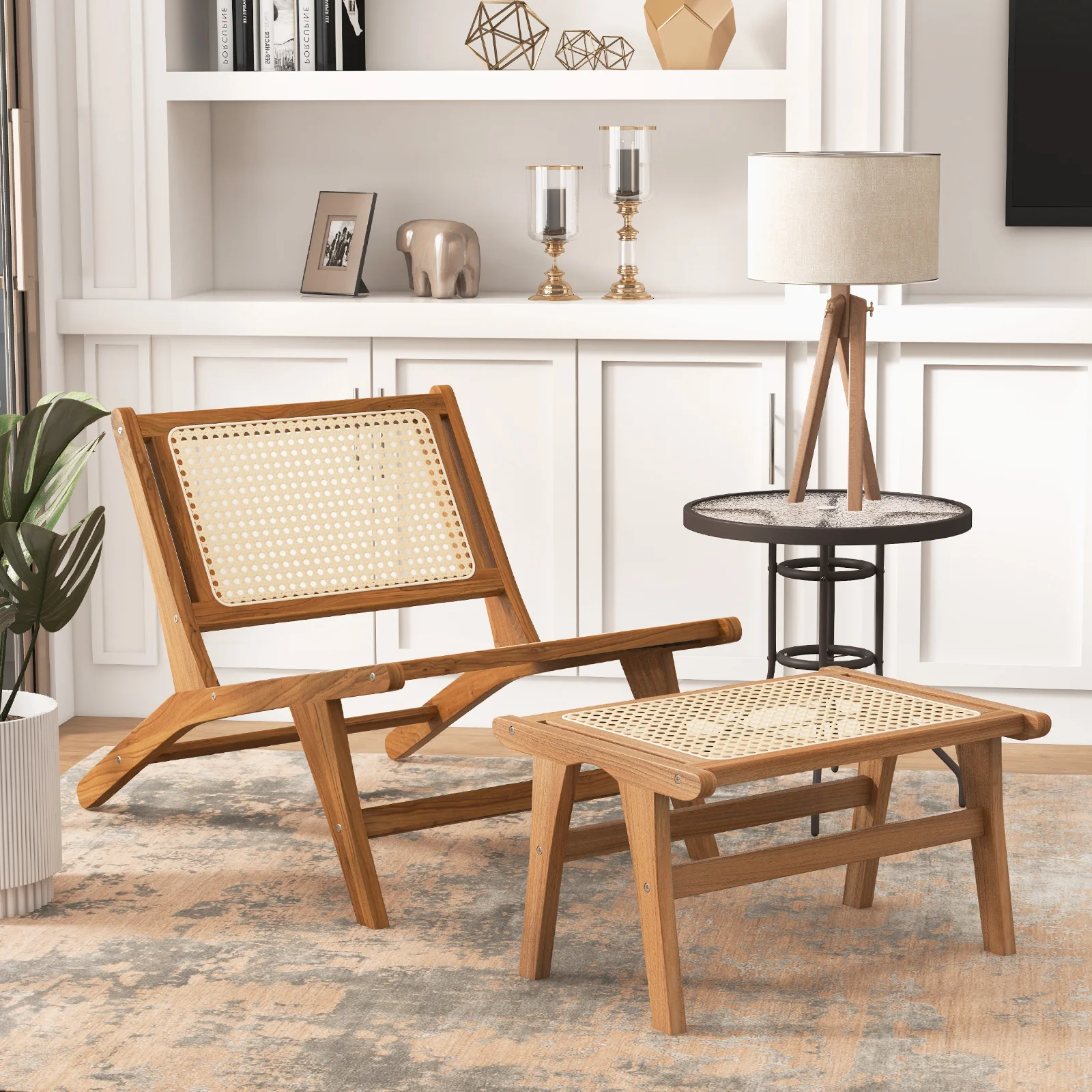 Mid Century Modern Accent Chair, Farmhouse Rattan, With Ottoman - Image 2