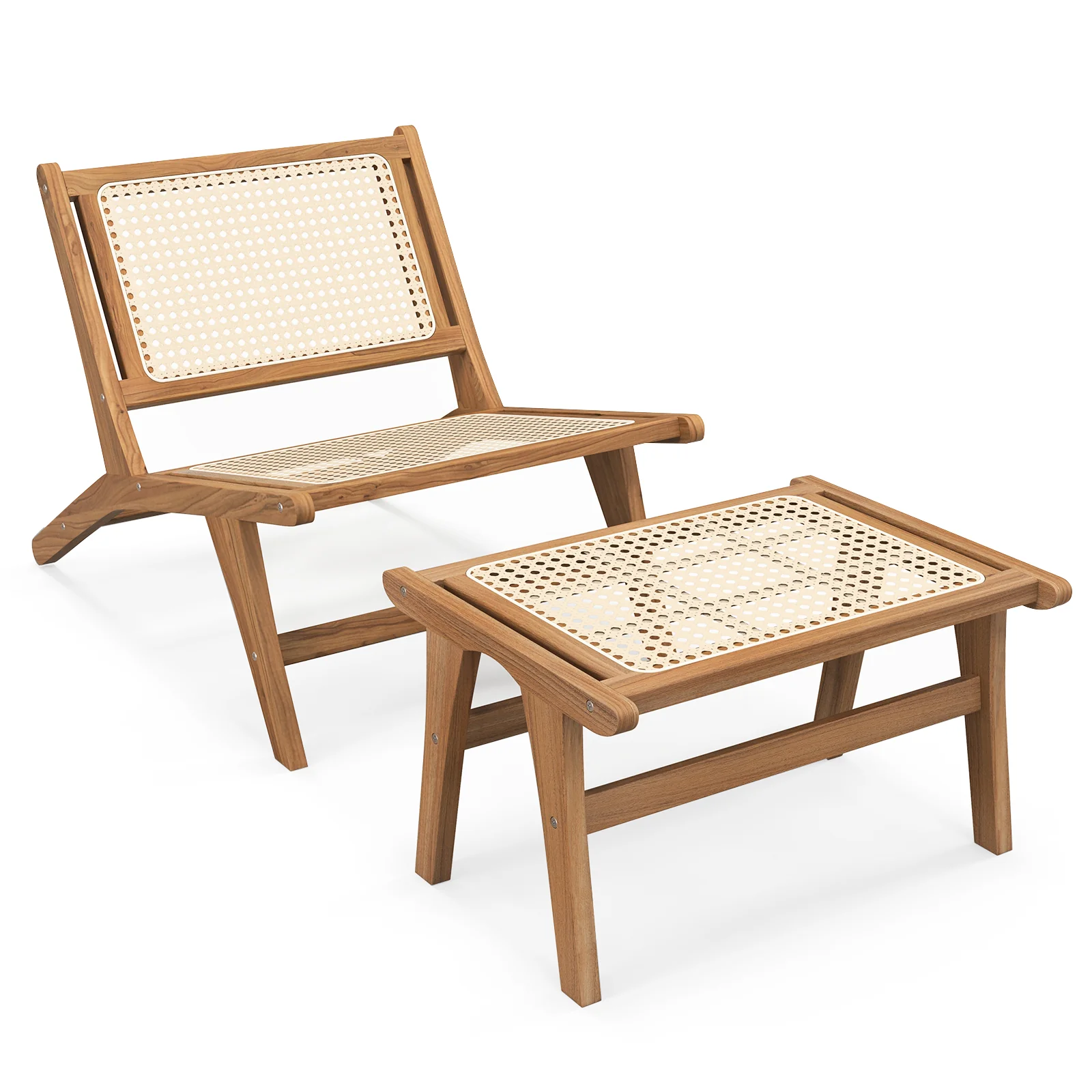 Mid Century Modern Accent Chair, Farmhouse Rattan, With Ottoman - Image 4