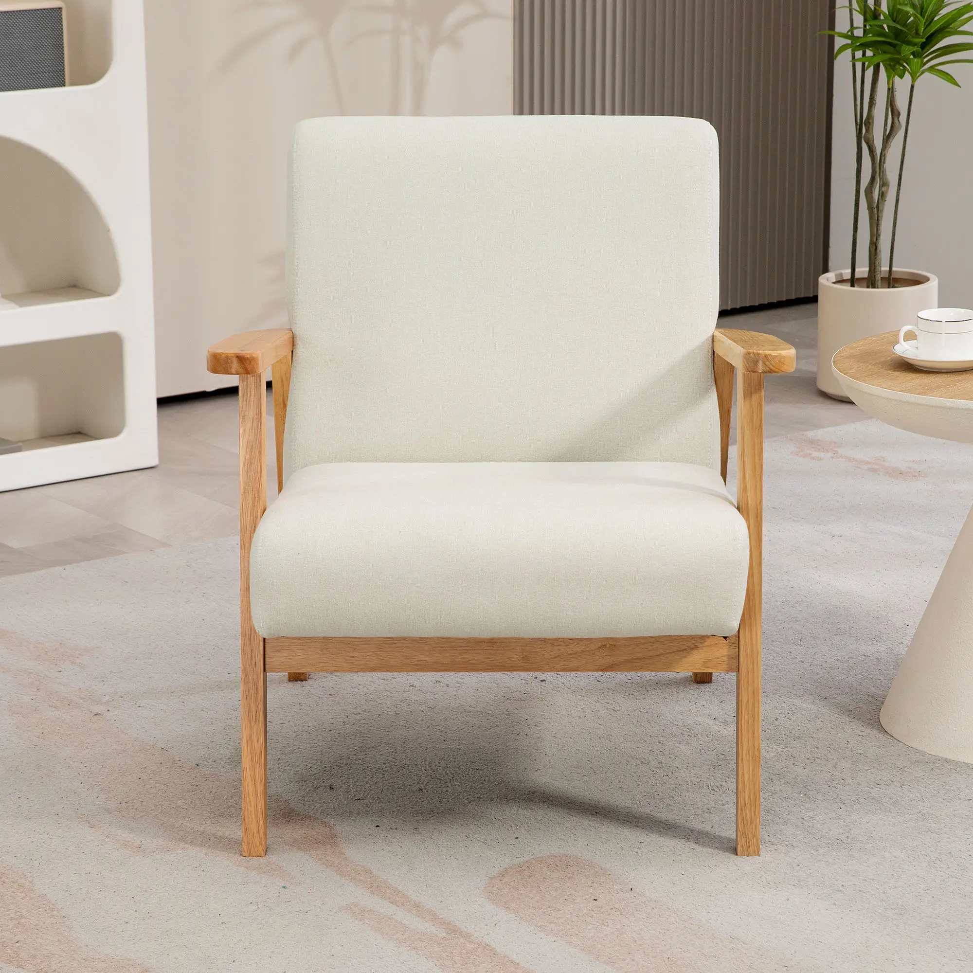 Mid-Century Modern Accent Chair Retro Fabric Armchair Wooden Arm Upholstered Lounge Chair for Living Room Cream White - Image 6