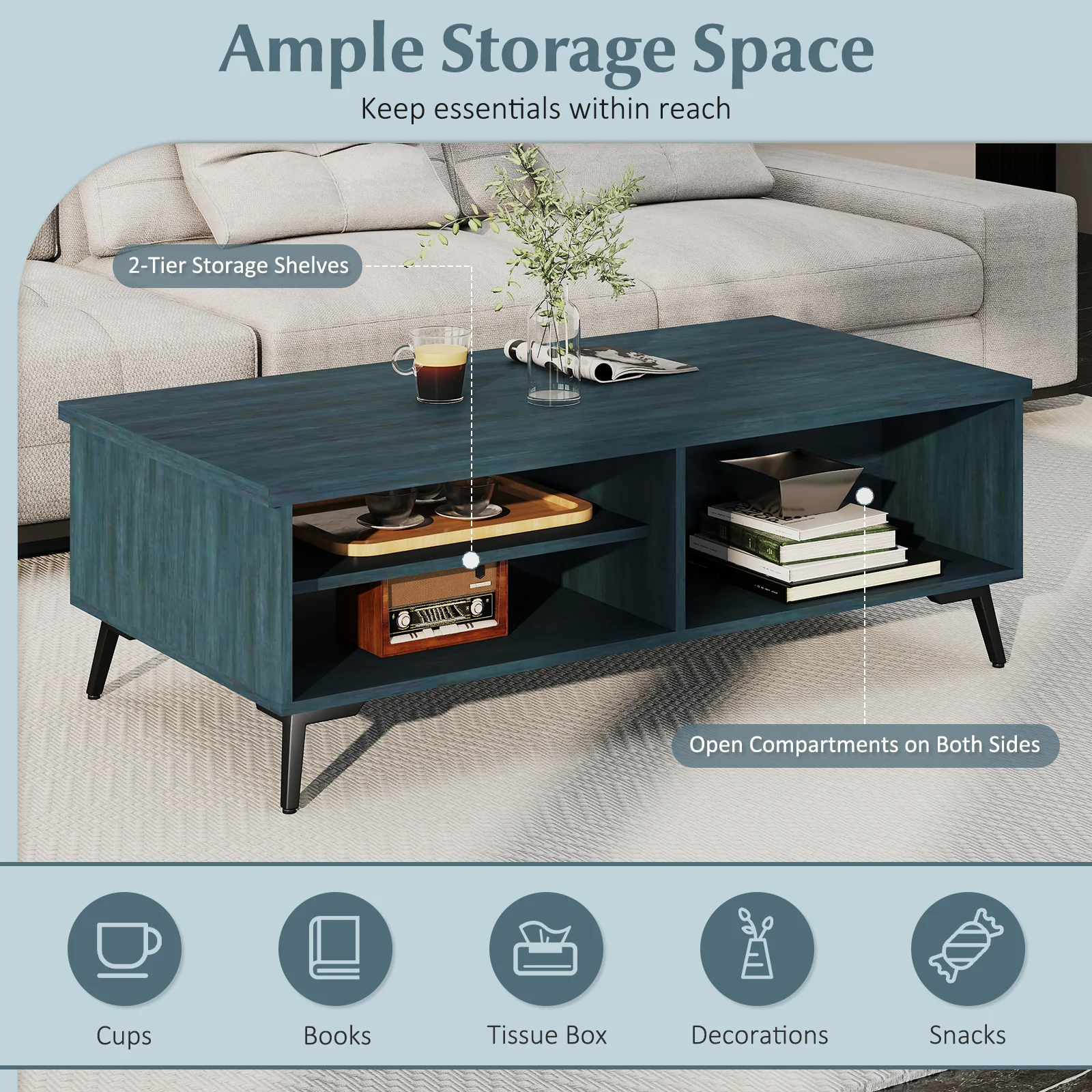 Mid Century Modern Coffee Table, 2-Tier Storage Shelves, Blue - Image 10