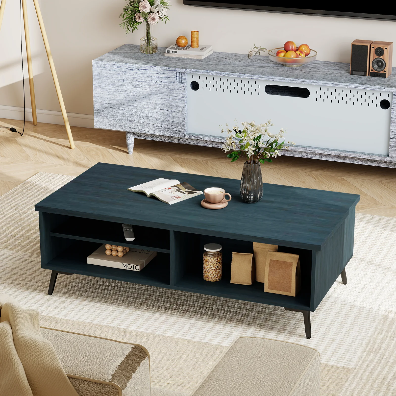 Mid Century Modern Coffee Table, 2-Tier Storage Shelves, Blue - Image 3