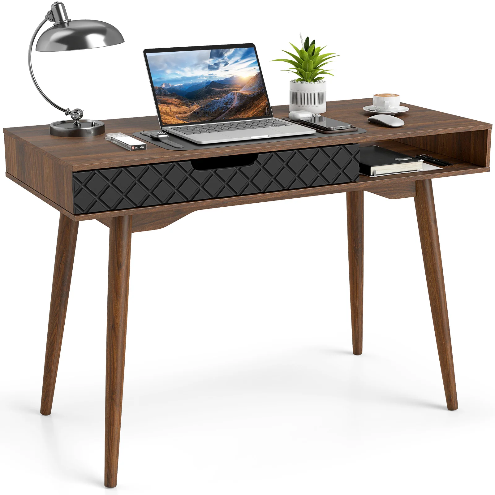 Mid-Century Modern Computer Desk With Drawer, Brown