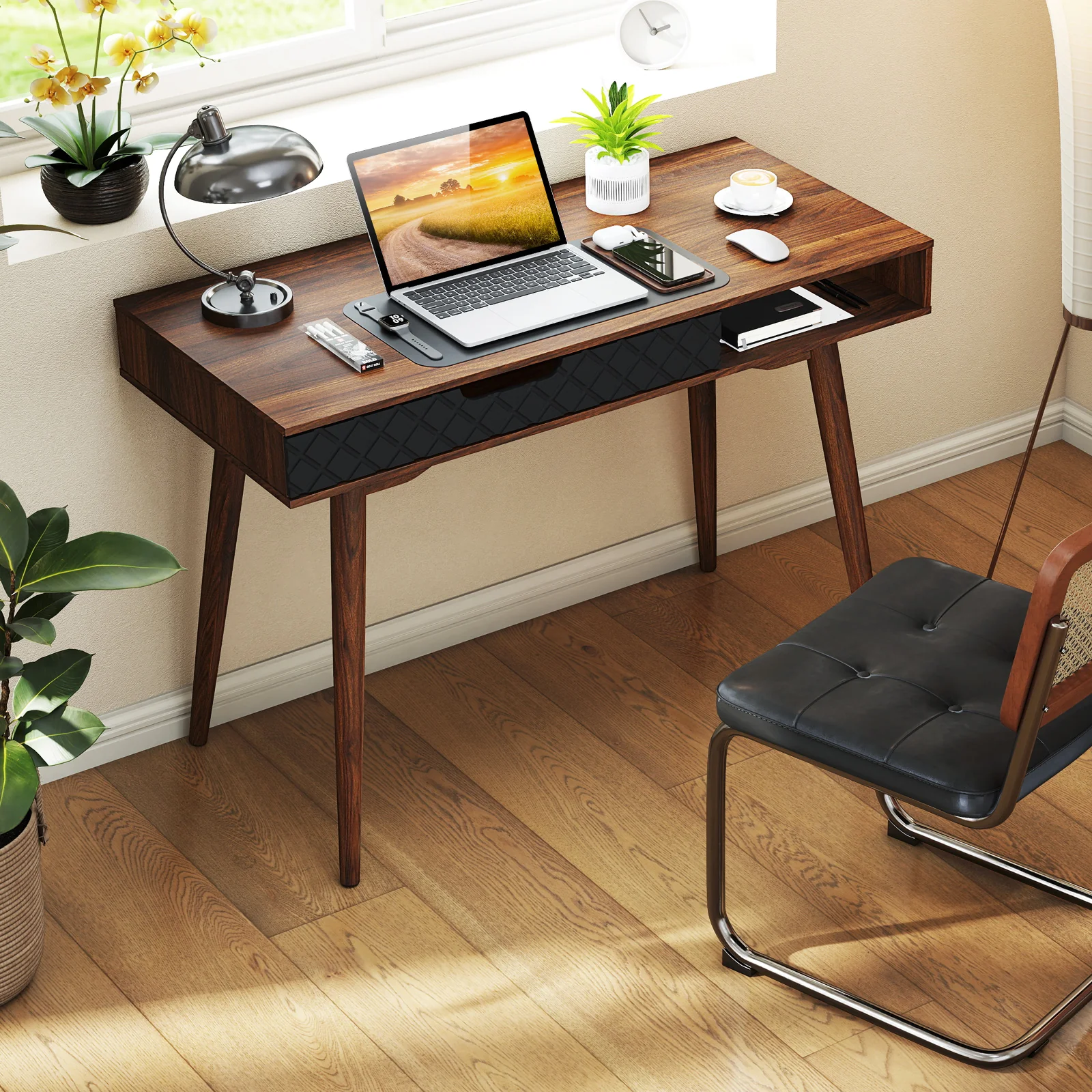 Mid-Century Modern Computer Desk With Drawer, Brown - Image 2