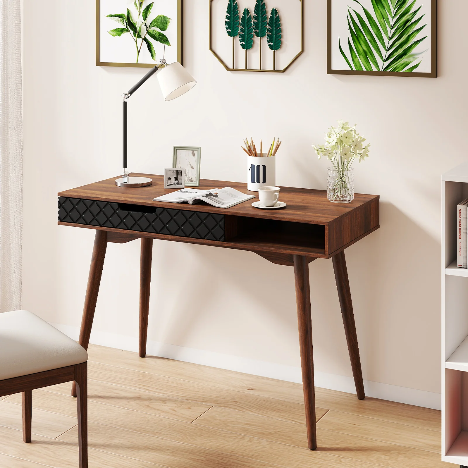 Mid-Century Modern Computer Desk With Drawer, Brown - Image 3