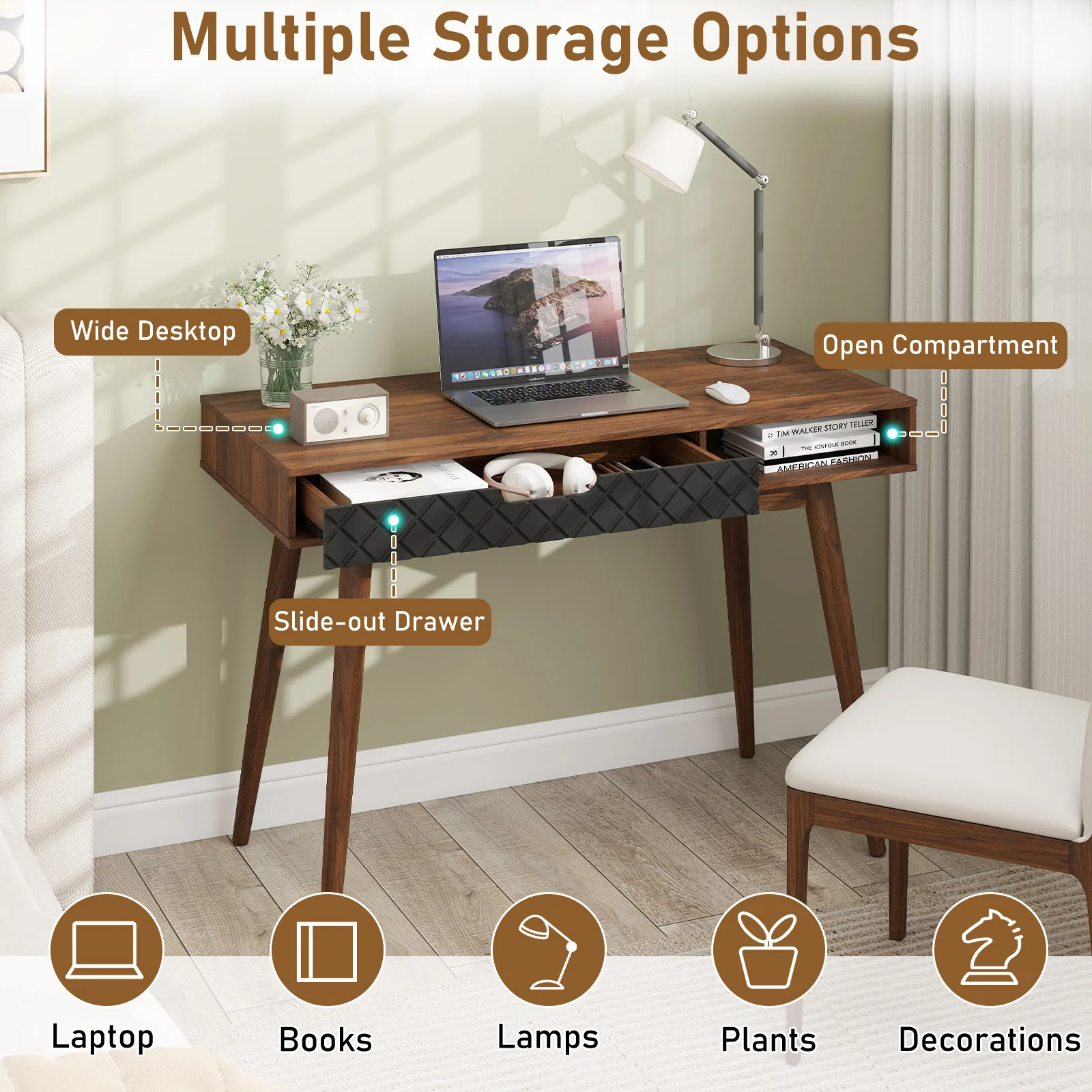 Mid-Century Modern Computer Desk With Drawer, Brown - Image 8