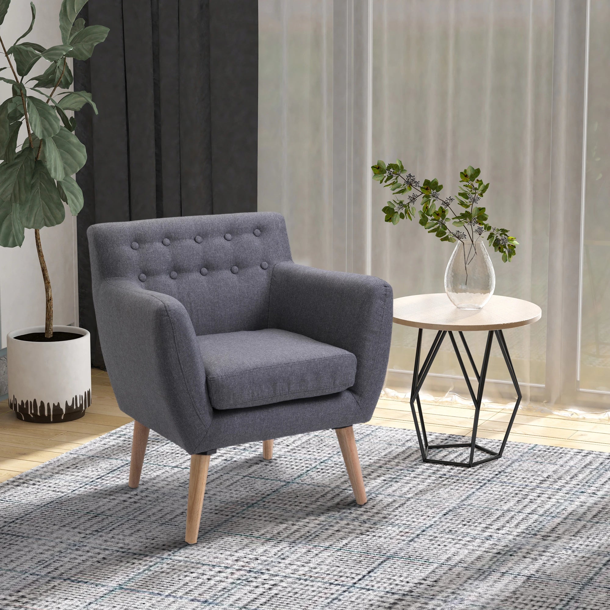 Mid-Century Modern Linen Armchair, Wood Frame, Thick Padding, Light Grey - Image 2