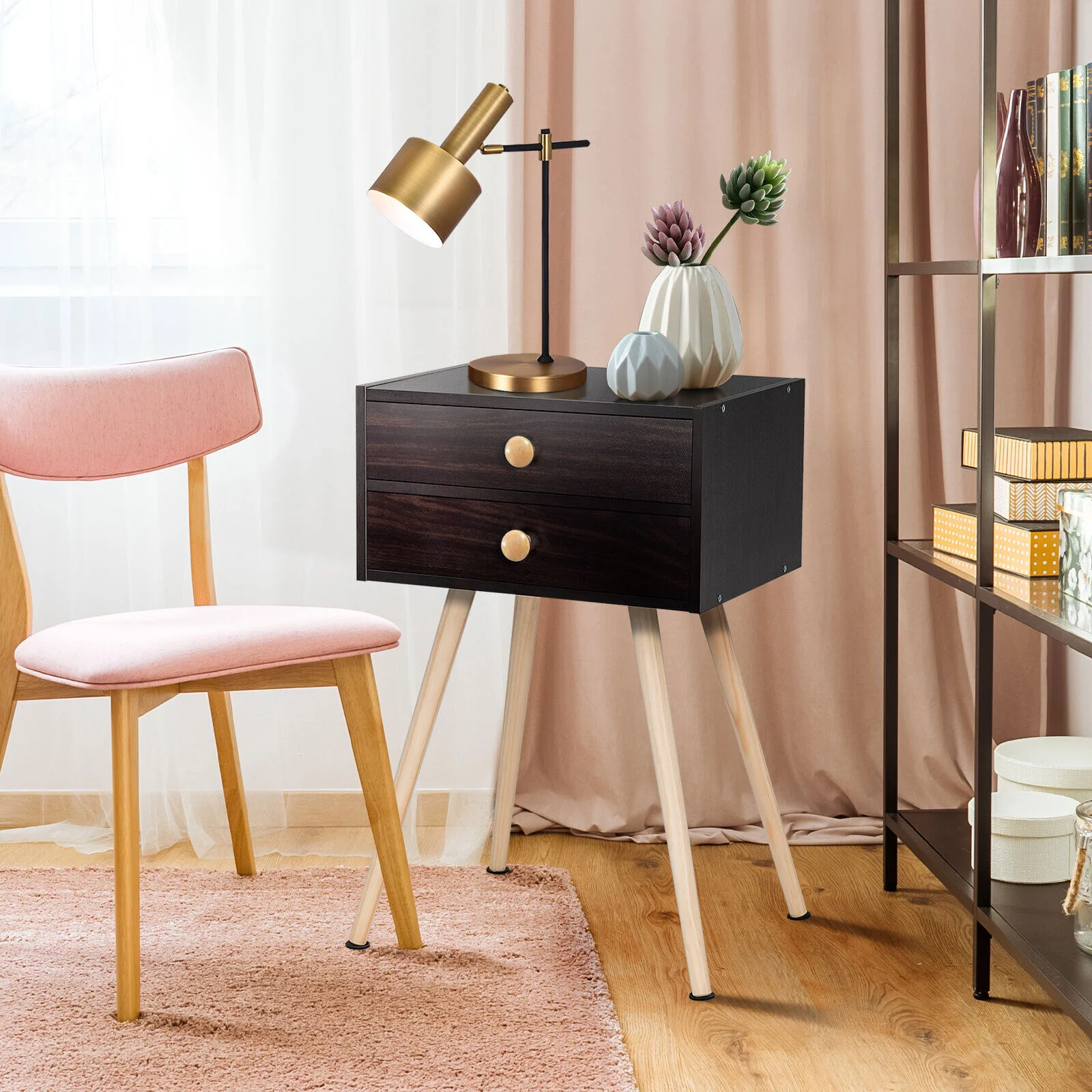 Mid Century Modern Nightstand, 2 Drawers, Natural, Brown - Image 3