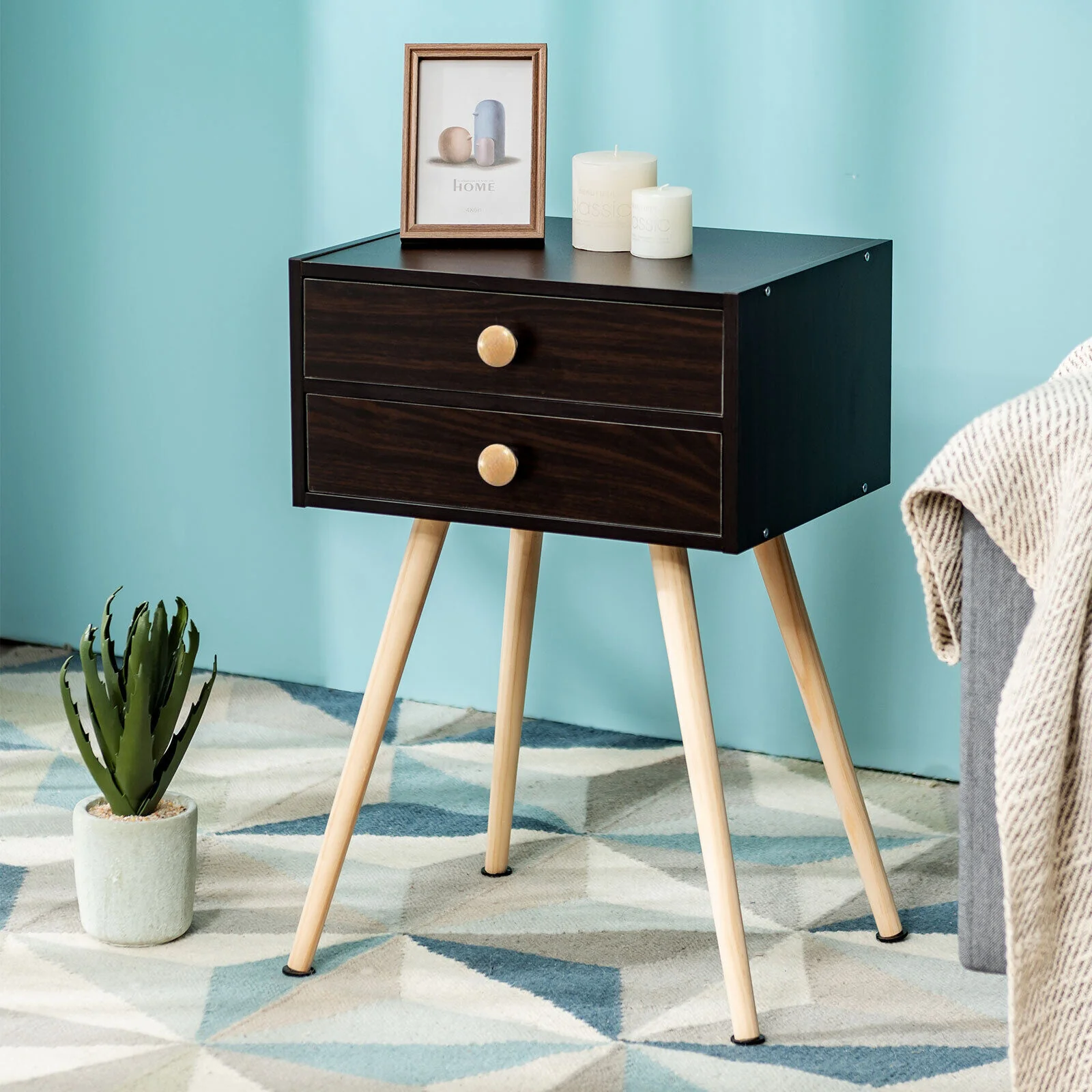 Mid Century Modern Nightstand, 2 Drawers, Natural, Brown - Image 7