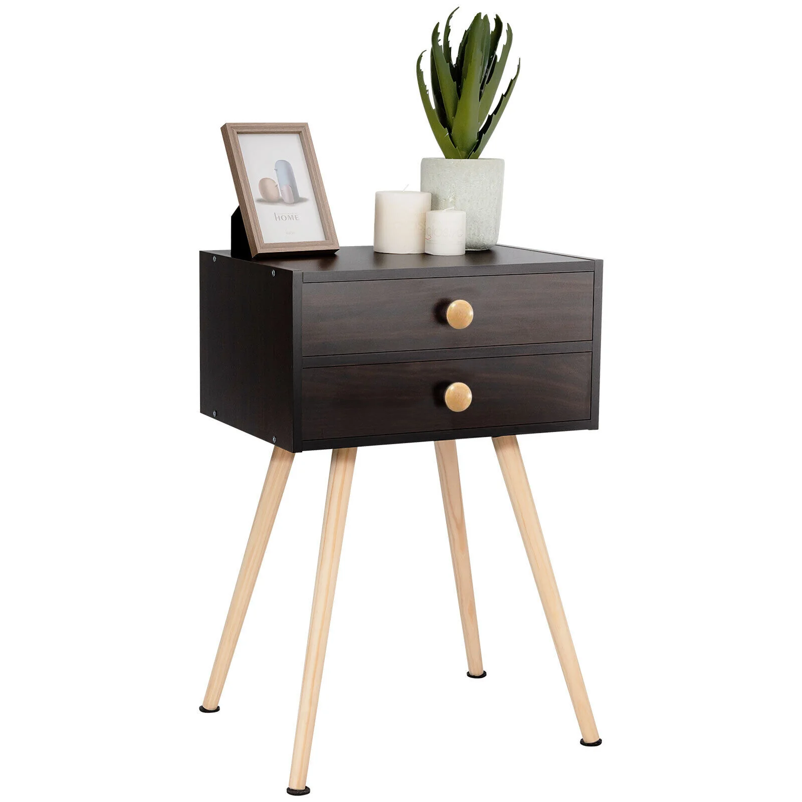 Mid Century Modern Nightstand, 2 Drawers, Natural, Brown - Image 8