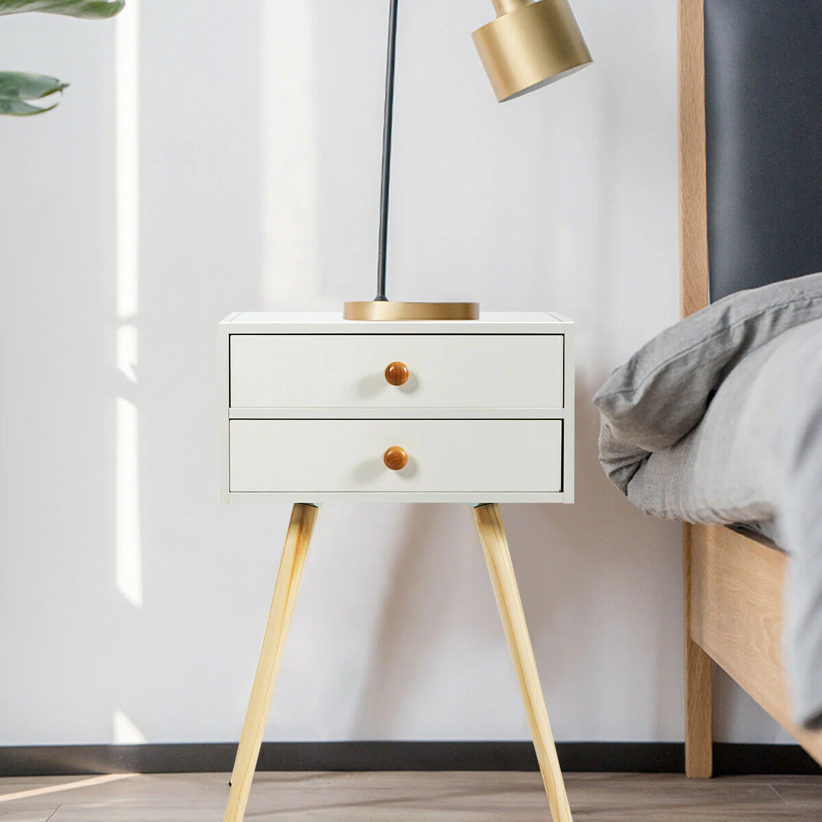 Mid Century Modern Nightstand, 2 Drawers, Natural White - Image 6