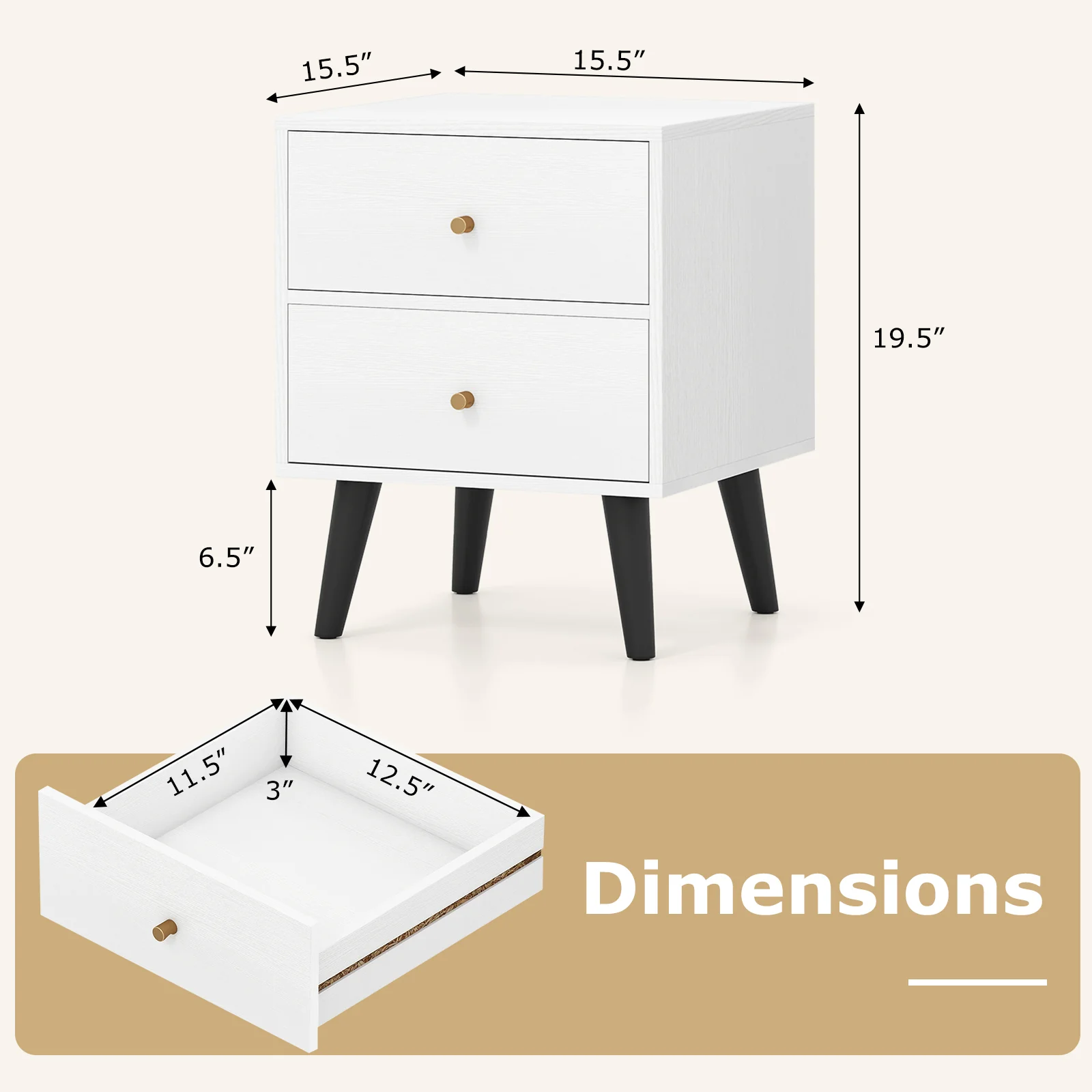 Mid Century Modern Nightstand Set, 2 Piece, White - Image 6