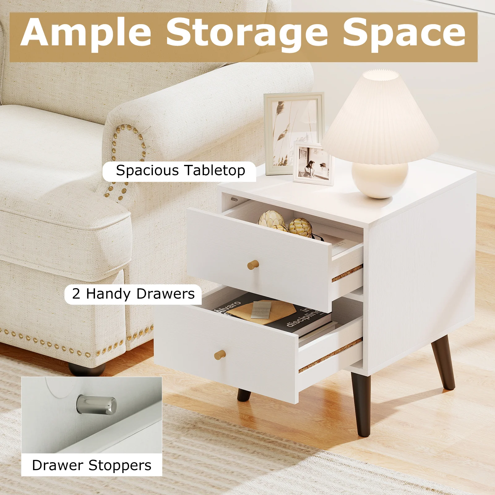 Mid Century Modern Nightstand Set, 2 Piece, White - Image 8