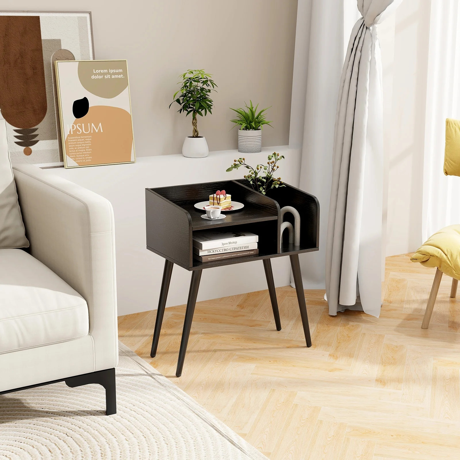 Mid Century Modern Nightstand With Open Shelves, Black - Image 3