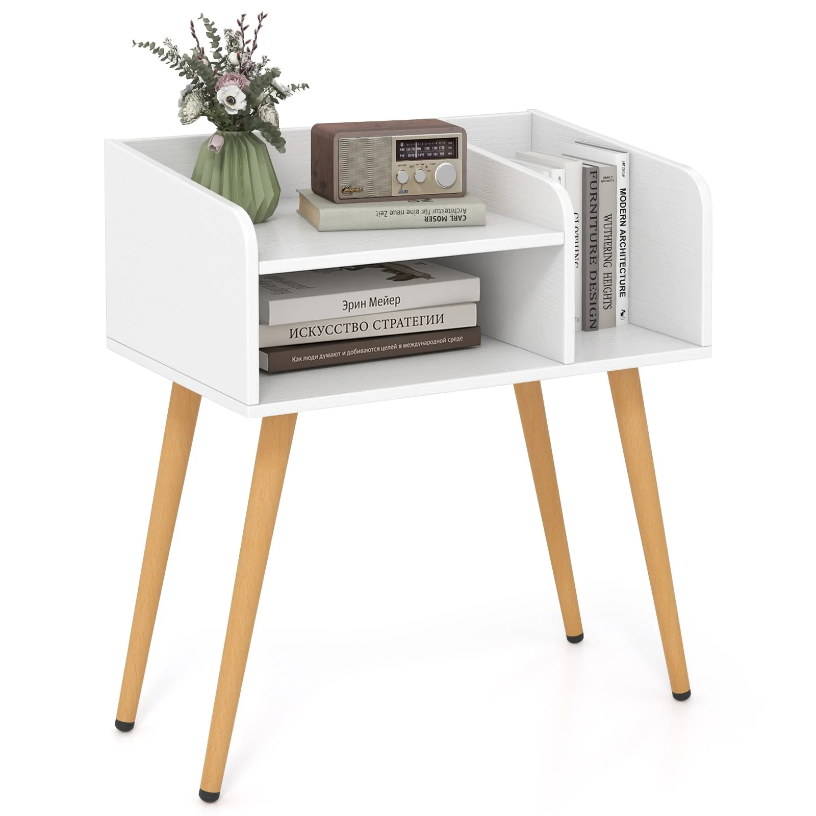 Mid Century Modern Nightstand With Open Shelves, White