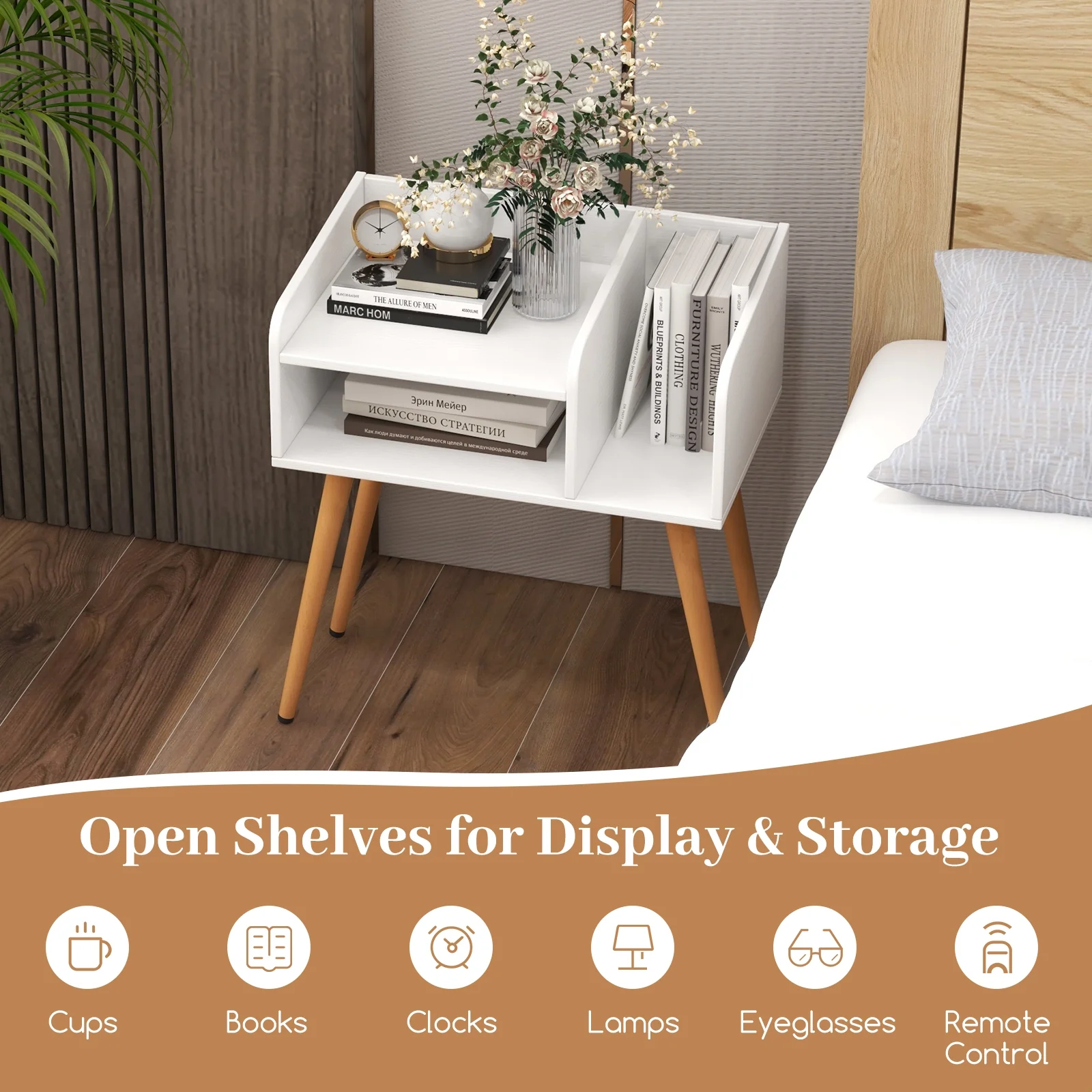 Mid Century Modern Nightstand With Open Shelves, White - Image 10