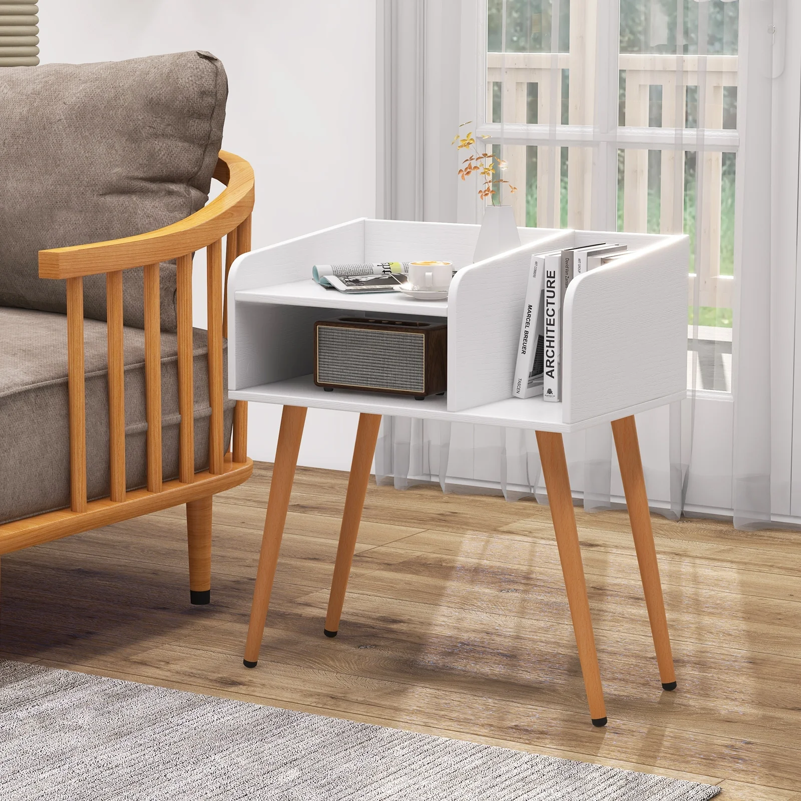 Mid Century Modern Nightstand With Open Shelves, White - Image 2