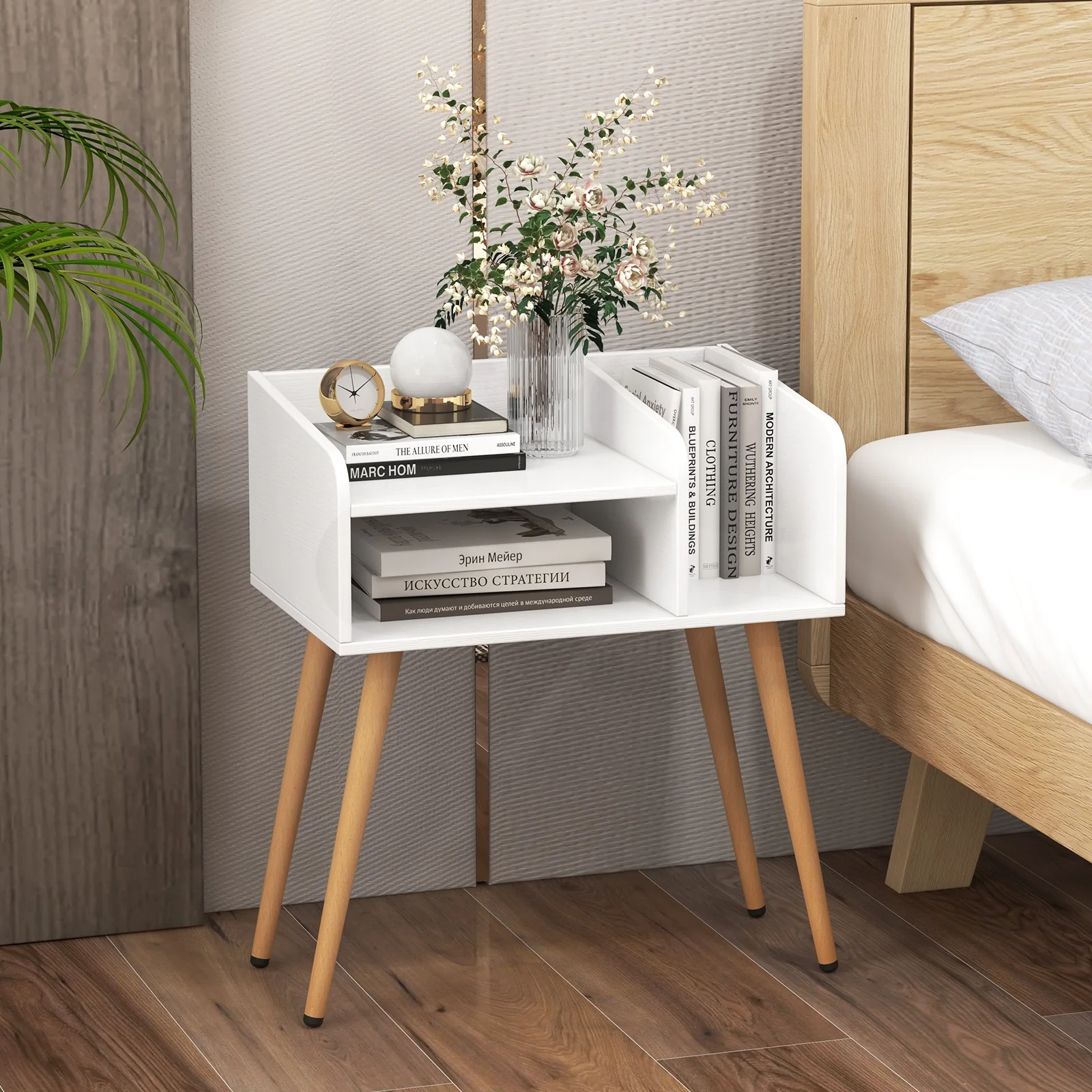 Mid Century Modern Nightstand With Open Shelves, White - Image 3