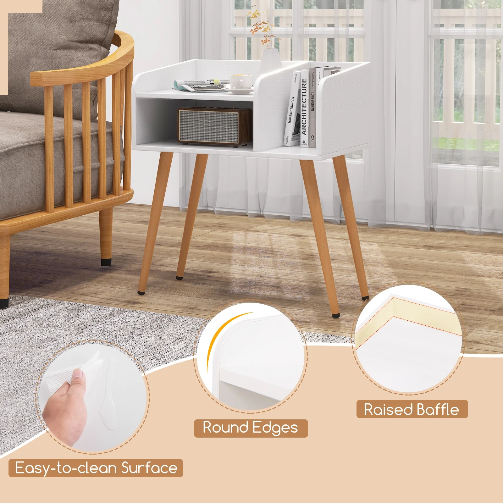 Mid Century Modern Nightstand With Open Shelves, White - Image 8