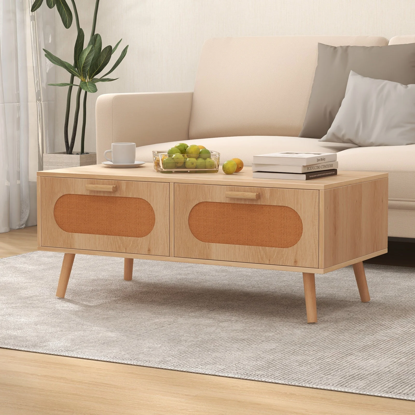 Mid Century Modern Rattan Coffee Table, 2 Storage Drawers, Natural - Image 3