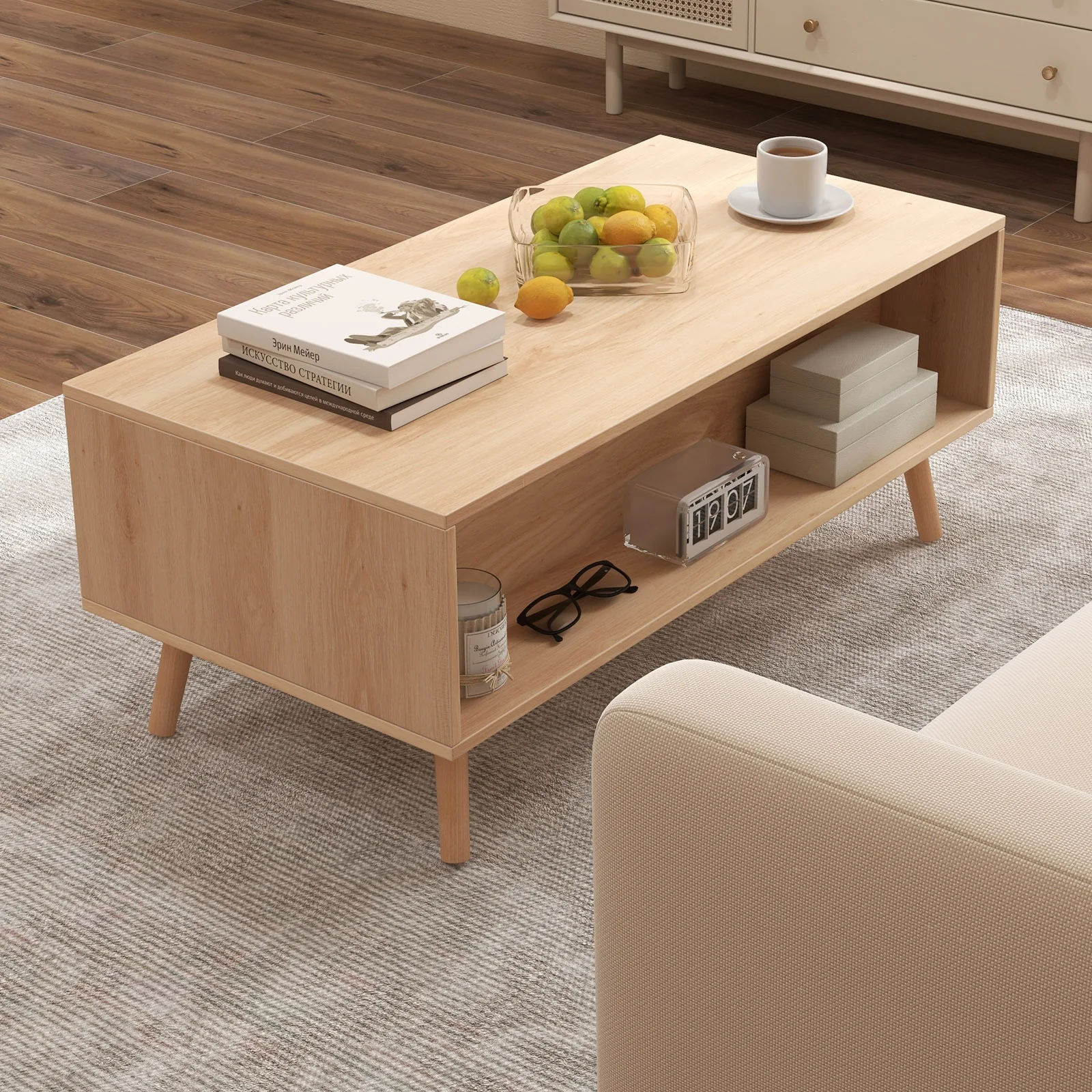 Mid Century Modern Rattan Coffee Table, 2 Storage Drawers, Natural - Image 8