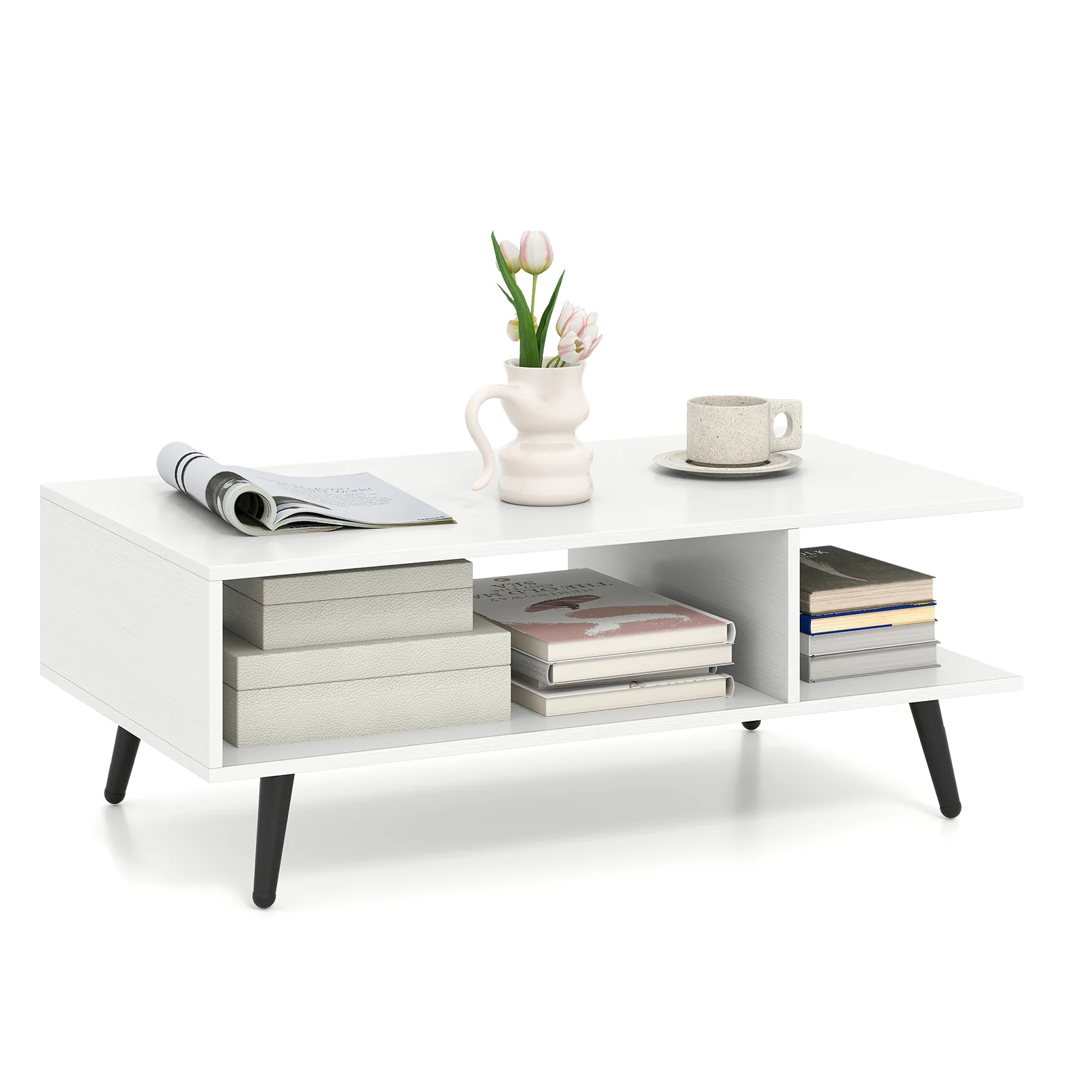Mid Century Modern Rectangle Coffee Table, 2-Tier Accent Table, White - Image 5